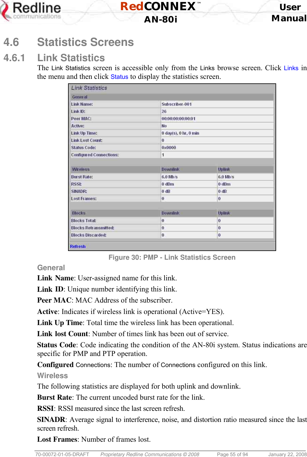  RedCONNEX™    User  AN-80i Manual  70-00072-01-05-DRAFT  Proprietary Redline Communications © 2008  Page 55 of 94  January 22, 2008  4.6 Statistics Screens 4.6.1 Link Statistics The Link Statistics screen is accessible only from the Links browse screen. Click Links in the menu and then click Status to display the statistics screen.   Figure 30: PMP - Link Statistics Screen General Link Name: User-assigned name for this link. Link ID: Unique number identifying this link. Peer MAC: MAC Address of the subscriber. Active: Indicates if wireless link is operational (Active=YES). Link Up Time: Total time the wireless link has been operational. Link lost Count: Number of times link has been out of service. Status Code: Code indicating the condition of the AN-80i system. Status indications are specific for PMP and PTP operation.  Configured Connections: The number of Connections configured on this link. Wireless The following statistics are displayed for both uplink and downlink. Burst Rate: The current uncoded burst rate for the link. RSSI: RSSI measured since the last screen refresh. SINADR: Average signal to interference, noise, and distortion ratio measured since the last screen refresh. Lost Frames: Number of frames lost. 