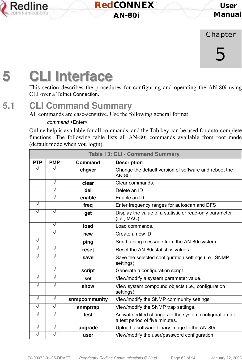  RedCONNEX™    User  AN-80i Manual  70-00072-01-05-DRAFT  Proprietary Redline Communications © 2008  Page 62 of 94  January 22, 2008             Chapter 5 55  CCLLII  IInntteerrffaaccee  This section describes the procedures for configuring and operating the AN-80i using CLI over a Telnet Connection. 5.1  CLI Command Summary All commands are case-sensitive. Use the following general format:  command &lt;Enter&gt; Online help is available for all commands, and the Tab key can be used for auto-complete functions. The following table lists all AN-80i commands available from root mode (default mode when you login). Table 13: CLI - Command Summary PTP PMP  Command  Description √ √ chgver  Change the default version of software and reboot the AN-80i.  √ clear  Clear commands.  √ del  Delete an ID  √ enable  Enable an ID √   freq  Enter frequency ranges for autoscan and DFS √ √ get  Display the value of a statistic or read-only parameter (i.e., MAC).   √ load  Load commands.  √ new  Create a new ID √   ping  Send a ping message from the AN-80i system. √ √ reset  Reset the AN-80i statistics values. √ √ save  Save the selected configuration settings (i.e., SNMP settings)  √ script  Generate a configuration script. √ √ set  View/modify a system parameter value. √ √ show  View system compound objects (i.e., configuration settings). √ √ snmpcommunity  View/modify the SNMP community settings. √ √ snmptrap  View/modify the SNMP trap settings. √ √ test  Activate edited changes to the system configuration for a test period of five minutes. √ √ upgrade  Upload a software binary image to the AN-80i. √ √ user  View/modify the user/password configuration.  