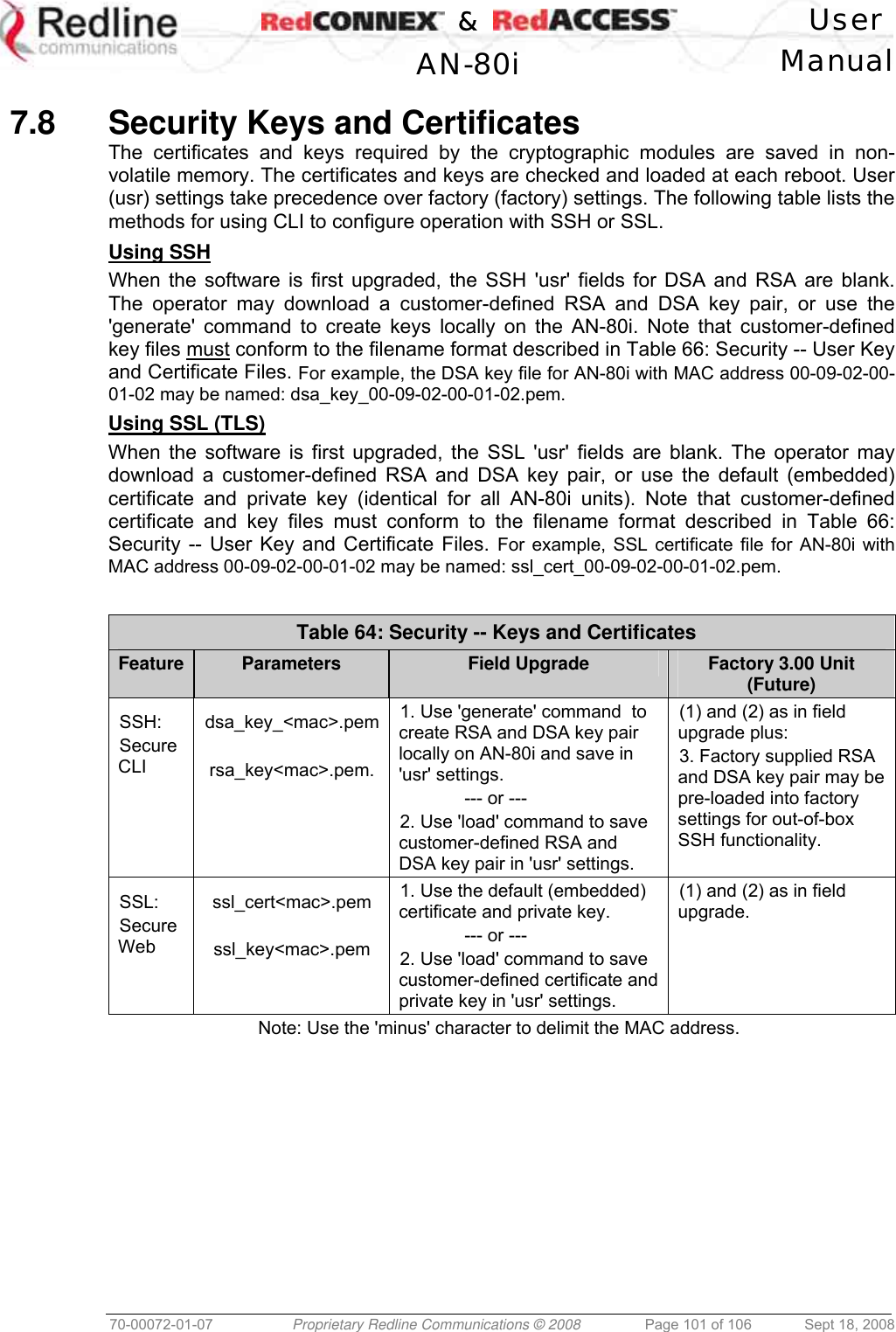    &amp;  User  AN-80i Manual  70-00072-01-07  Proprietary Redline Communications © 2008  Page 101 of 106  Sept 18, 2008  7.8  Security Keys and Certificates The certificates and keys required by the cryptographic modules are saved in non-volatile memory. The certificates and keys are checked and loaded at each reboot. User (usr) settings take precedence over factory (factory) settings. The following table lists the methods for using CLI to configure operation with SSH or SSL. Using SSH When the software is first upgraded, the SSH &apos;usr&apos; fields for DSA and RSA are blank. The operator may download a customer-defined RSA and DSA key pair, or use the &apos;generate&apos; command to create keys locally on the AN-80i. Note that customer-defined key files must conform to the filename format described in Table 66: Security -- User Key and Certificate Files. For example, the DSA key file for AN-80i with MAC address 00-09-02-00-01-02 may be named: dsa_key_00-09-02-00-01-02.pem. Using SSL (TLS) When the software is first upgraded, the SSL &apos;usr&apos; fields are blank. The operator may download a customer-defined RSA and DSA key pair, or use the default (embedded) certificate and private key (identical for all AN-80i units). Note that customer-defined certificate and key files must conform to the filename format described in Table 66: Security -- User Key and Certificate Files. For example, SSL certificate file for AN-80i with MAC address 00-09-02-00-01-02 may be named: ssl_cert_00-09-02-00-01-02.pem.  Table 64: Security -- Keys and Certificates Feature  Parameters  Field Upgrade  Factory 3.00 Unit (Future)  SSH:  Secure CLI  dsa_key_&lt;mac&gt;.pem rsa_key&lt;mac&gt;.pem. 1. Use &apos;generate&apos; command  to create RSA and DSA key pair locally on AN-80i and save in &apos;usr&apos; settings.   --- or --- 2. Use &apos;load&apos; command to save customer-defined RSA and DSA key pair in &apos;usr&apos; settings. (1) and (2) as in field upgrade plus: 3. Factory supplied RSA and DSA key pair may be pre-loaded into factory settings for out-of-box SSH functionality.  SSL:  Secure Web  ssl_cert&lt;mac&gt;.pem  ssl_key&lt;mac&gt;.pem 1. Use the default (embedded) certificate and private key.   --- or --- 2. Use &apos;load&apos; command to save customer-defined certificate and private key in &apos;usr&apos; settings. (1) and (2) as in field upgrade. Note: Use the &apos;minus&apos; character to delimit the MAC address. 