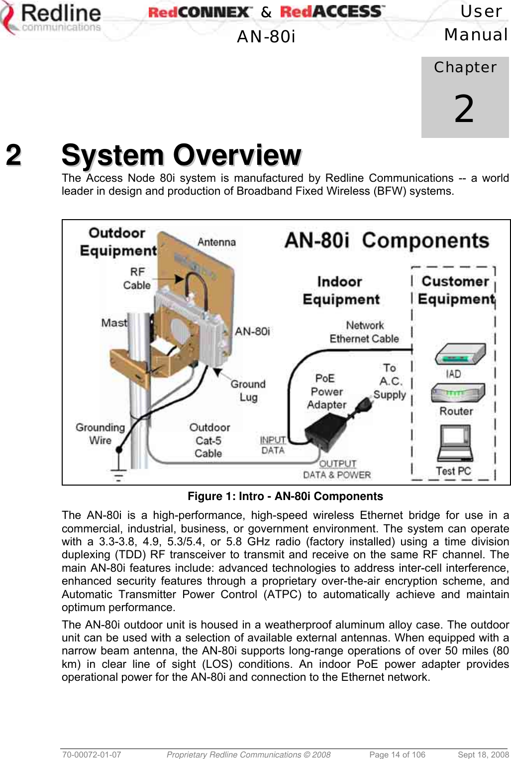    &amp;  User  AN-80i Manual  70-00072-01-07  Proprietary Redline Communications © 2008  Page 14 of 106  Sept 18, 2008            Chapter 2 22  SSyysstteemm  OOvveerrvviieeww  The Access Node 80i system is manufactured by Redline Communications -- a world leader in design and production of Broadband Fixed Wireless (BFW) systems.   Figure 1: Intro - AN-80i Components The AN-80i is a high-performance, high-speed wireless Ethernet bridge for use in a commercial, industrial, business, or government environment. The system can operate with a 3.3-3.8, 4.9, 5.3/5.4, or 5.8 GHz radio (factory installed) using a time division duplexing (TDD) RF transceiver to transmit and receive on the same RF channel. The main AN-80i features include: advanced technologies to address inter-cell interference, enhanced security features through a proprietary over-the-air encryption scheme, and Automatic Transmitter Power Control (ATPC) to automatically achieve and maintain optimum performance. The AN-80i outdoor unit is housed in a weatherproof aluminum alloy case. The outdoor unit can be used with a selection of available external antennas. When equipped with a narrow beam antenna, the AN-80i supports long-range operations of over 50 miles (80 km) in clear line of sight (LOS) conditions. An indoor PoE power adapter provides operational power for the AN-80i and connection to the Ethernet network. 