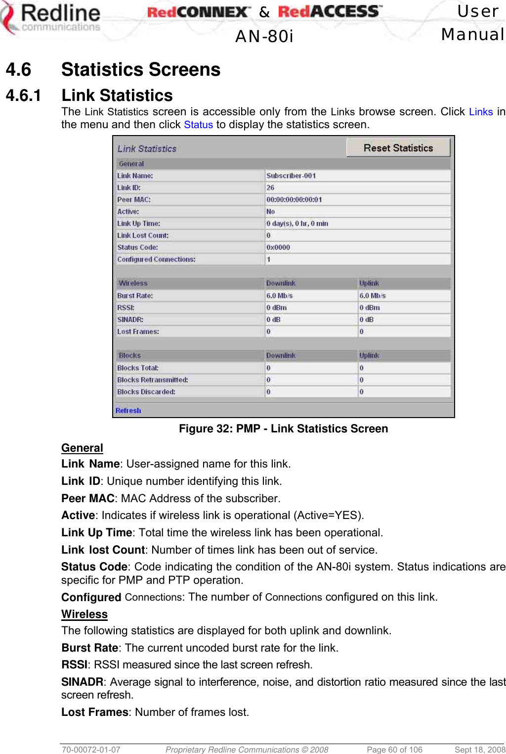    &amp;  User  AN-80i Manual  70-00072-01-07  Proprietary Redline Communications © 2008  Page 60 of 106  Sept 18, 2008  4.6 Statistics Screens 4.6.1 Link Statistics The Link Statistics screen is accessible only from the Links browse screen. Click Links in the menu and then click Status to display the statistics screen.   Figure 32: PMP - Link Statistics Screen General Link Name: User-assigned name for this link. Link ID: Unique number identifying this link. Peer MAC: MAC Address of the subscriber. Active: Indicates if wireless link is operational (Active=YES). Link Up Time: Total time the wireless link has been operational. Link lost Count: Number of times link has been out of service. Status Code: Code indicating the condition of the AN-80i system. Status indications are specific for PMP and PTP operation.  Configured Connections: The number of Connections configured on this link. Wireless The following statistics are displayed for both uplink and downlink. Burst Rate: The current uncoded burst rate for the link. RSSI: RSSI measured since the last screen refresh. SINADR: Average signal to interference, noise, and distortion ratio measured since the last screen refresh. Lost Frames: Number of frames lost. 