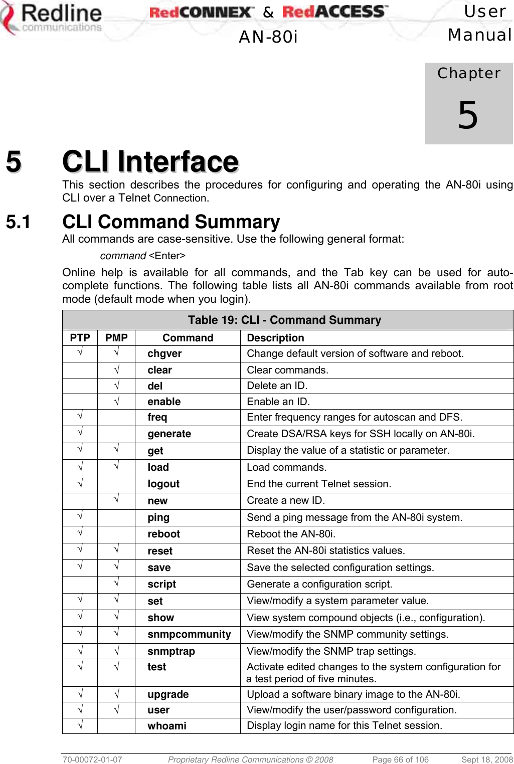    &amp;  User  AN-80i Manual  70-00072-01-07  Proprietary Redline Communications © 2008  Page 66 of 106  Sept 18, 2008             Chapter 5 55  CCLLII  IInntteerrffaaccee  This section describes the procedures for configuring and operating the AN-80i using CLI over a Telnet Connection. 5.1  CLI Command Summary All commands are case-sensitive. Use the following general format:  command &lt;Enter&gt; Online help is available for all commands, and the Tab key can be used for auto-complete functions. The following table lists all AN-80i commands available from root mode (default mode when you login). Table 19: CLI - Command Summary PTP PMP  Command  Description √ √ chgver  Change default version of software and reboot.  √ clear  Clear commands.  √ del  Delete an ID.  √ enable  Enable an ID. √  freq  Enter frequency ranges for autoscan and DFS. √  generate  Create DSA/RSA keys for SSH locally on AN-80i. √ √ get  Display the value of a statistic or parameter.  √ √ load  Load commands. √  logout  End the current Telnet session.  √ new  Create a new ID. √  ping  Send a ping message from the AN-80i system. √  reboot  Reboot the AN-80i. √ √ reset  Reset the AN-80i statistics values. √ √ save  Save the selected configuration settings.  √ script  Generate a configuration script. √ √ set  View/modify a system parameter value. √ √ show  View system compound objects (i.e., configuration). √ √ snmpcommunity  View/modify the SNMP community settings. √ √ snmptrap  View/modify the SNMP trap settings. √ √ test  Activate edited changes to the system configuration for a test period of five minutes. √ √ upgrade  Upload a software binary image to the AN-80i. √ √ user  View/modify the user/password configuration. √  whoami  Display login name for this Telnet session.  