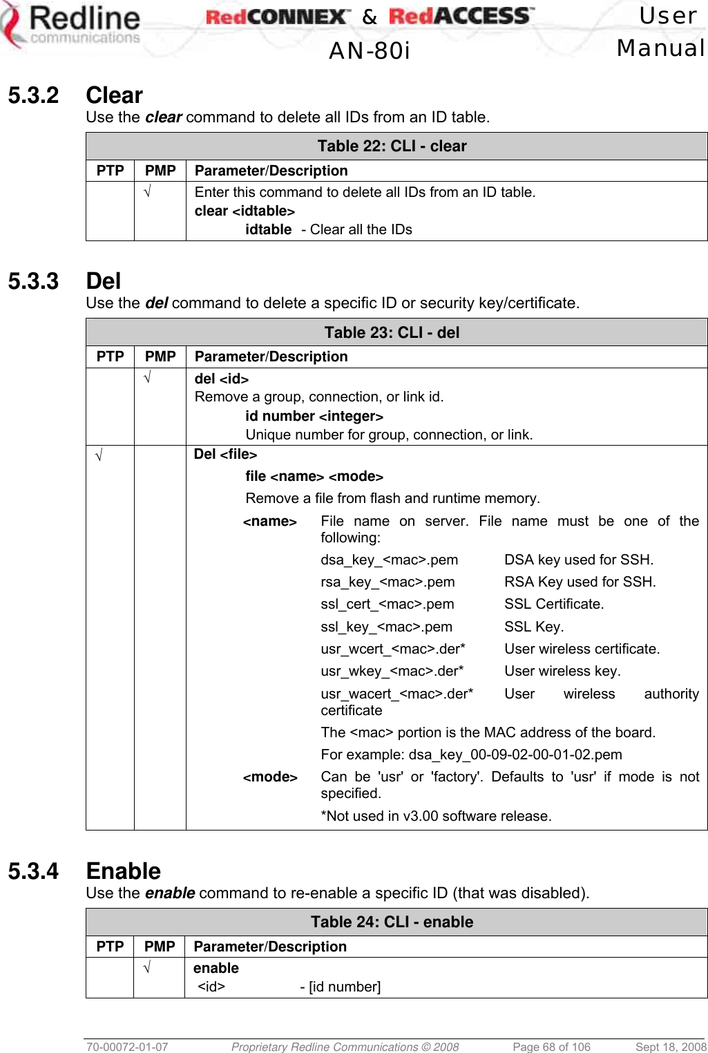    &amp;  User  AN-80i Manual  70-00072-01-07  Proprietary Redline Communications © 2008  Page 68 of 106  Sept 18, 2008  5.3.2 Clear Use the clear command to delete all IDs from an ID table. Table 22: CLI - clear PTP PMP Parameter/Description  √  Enter this command to delete all IDs from an ID table. clear &lt;idtable&gt;  idtable  - Clear all the IDs  5.3.3 Del Use the del command to delete a specific ID or security key/certificate. Table 23: CLI - del PTP PMP Parameter/Description  √ del &lt;id&gt; Remove a group, connection, or link id.  id number &lt;integer&gt;   Unique number for group, connection, or link. √   Del &lt;file&gt;  file &lt;name&gt; &lt;mode&gt;    Remove a file from flash and runtime memory. &lt;name&gt;  File name on server. File name must be one of the following: dsa_key_&lt;mac&gt;.pem  DSA key used for SSH. rsa_key_&lt;mac&gt;.pem RSA Key used for SSH. ssl_cert_&lt;mac&gt;.pem SSL Certificate. ssl_key_&lt;mac&gt;.pem SSL Key. usr_wcert_&lt;mac&gt;.der*  User wireless certificate. usr_wkey_&lt;mac&gt;.der*  User wireless key. usr_wacert_&lt;mac&gt;.der*  User wireless authority certificate The &lt;mac&gt; portion is the MAC address of the board. For example: dsa_key_00-09-02-00-01-02.pem &lt;mode&gt;  Can be &apos;usr&apos; or &apos;factory&apos;. Defaults to &apos;usr&apos; if mode is not specified.   *Not used in v3.00 software release.  5.3.4 Enable Use the enable command to re-enable a specific ID (that was disabled). Table 24: CLI - enable PTP PMP Parameter/Description  √ enable  &lt;id&gt;     - [id number]   