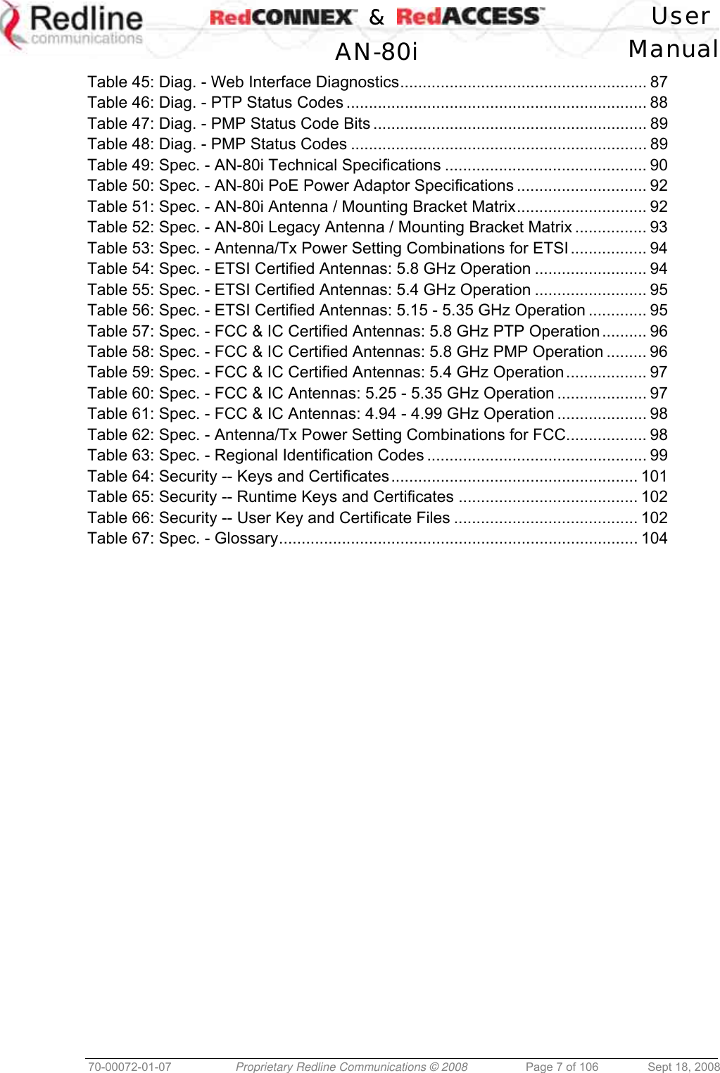    &amp;  User  AN-80i Manual  70-00072-01-07  Proprietary Redline Communications © 2008  Page 7 of 106  Sept 18, 2008 Table 45: Diag. - Web Interface Diagnostics....................................................... 87 Table 46: Diag. - PTP Status Codes ................................................................... 88 Table 47: Diag. - PMP Status Code Bits ............................................................. 89 Table 48: Diag. - PMP Status Codes .................................................................. 89 Table 49: Spec. - AN-80i Technical Specifications ............................................. 90 Table 50: Spec. - AN-80i PoE Power Adaptor Specifications ............................. 92 Table 51: Spec. - AN-80i Antenna / Mounting Bracket Matrix............................. 92 Table 52: Spec. - AN-80i Legacy Antenna / Mounting Bracket Matrix ................ 93 Table 53: Spec. - Antenna/Tx Power Setting Combinations for ETSI................. 94 Table 54: Spec. - ETSI Certified Antennas: 5.8 GHz Operation ......................... 94 Table 55: Spec. - ETSI Certified Antennas: 5.4 GHz Operation ......................... 95 Table 56: Spec. - ETSI Certified Antennas: 5.15 - 5.35 GHz Operation ............. 95 Table 57: Spec. - FCC &amp; IC Certified Antennas: 5.8 GHz PTP Operation .......... 96 Table 58: Spec. - FCC &amp; IC Certified Antennas: 5.8 GHz PMP Operation ......... 96 Table 59: Spec. - FCC &amp; IC Certified Antennas: 5.4 GHz Operation.................. 97 Table 60: Spec. - FCC &amp; IC Antennas: 5.25 - 5.35 GHz Operation .................... 97 Table 61: Spec. - FCC &amp; IC Antennas: 4.94 - 4.99 GHz Operation .................... 98 Table 62: Spec. - Antenna/Tx Power Setting Combinations for FCC.................. 98 Table 63: Spec. - Regional Identification Codes ................................................. 99 Table 64: Security -- Keys and Certificates....................................................... 101 Table 65: Security -- Runtime Keys and Certificates ........................................ 102 Table 66: Security -- User Key and Certificate Files ......................................... 102 Table 67: Spec. - Glossary................................................................................ 104   