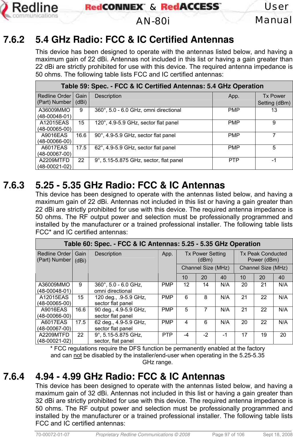    &amp;  User  AN-80i Manual  70-00072-01-07  Proprietary Redline Communications © 2008  Page 97 of 106  Sept 18, 2008  7.6.2  5.4 GHz Radio: FCC &amp; IC Certified Antennas  This device has been designed to operate with the antennas listed below, and having a maximum gain of 22 dBi. Antennas not included in this list or having a gain greater than 22 dBi are strictly prohibited for use with this device. The required antenna impedance is 50 ohms. The following table lists FCC and IC certified antennas: Table 59: Spec. - FCC &amp; IC Certified Antennas: 5.4 GHz Operation Redline Order (Part) Number Gain (dBi) Description  App.  Tx Power Setting (dBm)A36009MMO (48-00048-01) 9  360°, 5.0 - 6.0 GHz, omni directional  PMP  13 A12015EAS  (48-00065-00) 15  120°, 4.9-5.9 GHz, sector flat panel  PMP  9 A9016EAS (48-00066-00) 16.6  90°, 4.9-5.9 GHz, sector flat panel  PMP  7 A6017EAS (48-00067-00) 17.5  62°, 4.9-5.9 GHz, sector flat panel  PMP  5 A2209MTFD (48-00021-02) 22  9°, 5.15-5.875 GHz, sector, flat panel  PTP  -1  7.6.3  5.25 - 5.35 GHz Radio: FCC &amp; IC Antennas This device has been designed to operate with the antennas listed below, and having a maximum gain of 22 dBi. Antennas not included in this list or having a gain greater than 22 dBi are strictly prohibited for use with this device. The required antenna impedance is 50 ohms. The RF output power and selection must be professionally programmed and installed by the manufacturer or a trained professional installer. The following table lists FCC* and IC certified antennas: Table 60: Spec. - FCC &amp; IC Antennas: 5.25 - 5.35 GHz Operation Tx Power Setting (dBm) Tx Peak Conducted Power (dBm) Channel Size (MHz)  Channel Size (MHz) Redline Order (Part) Number Gain (dBi) Description  App. 10  20  40  10  20  40 A36009MMO (48-00048-01) 9  360°, 5.0 - 6.0 GHz, omni directional PMP 12  14 N/A 20  21 N/A A12015EAS  (48-00065-00) 15  120 deg., .9-5.9 GHz, sector flat panel PMP 6  8  N/A 21  22 N/A A9016EAS (48-00066-00) 16.6  90 deg., 4.9-5.9 GHz, sector flat panel PMP 5  7  N/A 21  22 N/A A6017EAS (48-00067-00) 17.5  62 deg., 4.9-5.9 GHz, sector flat panel PMP 4  6  N/A 20  22 N/A A2209MTFD (48-00021-02) 22 9°, 5.15-5.875 GHz, sector, flat panel PTP -4 -2 -1 17 19 20 * FCC regulations require the DFS function be permanently enabled at the factory and can not be disabled by the installer/end-user when operating in the 5.25-5.35 GHz range.  7.6.4  4.94 - 4.99 GHz Radio: FCC &amp; IC Antennas This device has been designed to operate with the antennas listed below, and having a maximum gain of 32 dBi. Antennas not included in this list or having a gain greater than 32 dBi are strictly prohibited for use with this device. The required antenna impedance is 50 ohms. The RF output power and selection must be professionally programmed and installed by the manufacturer or a trained professional installer. The following table lists FCC and IC certified antennas: 