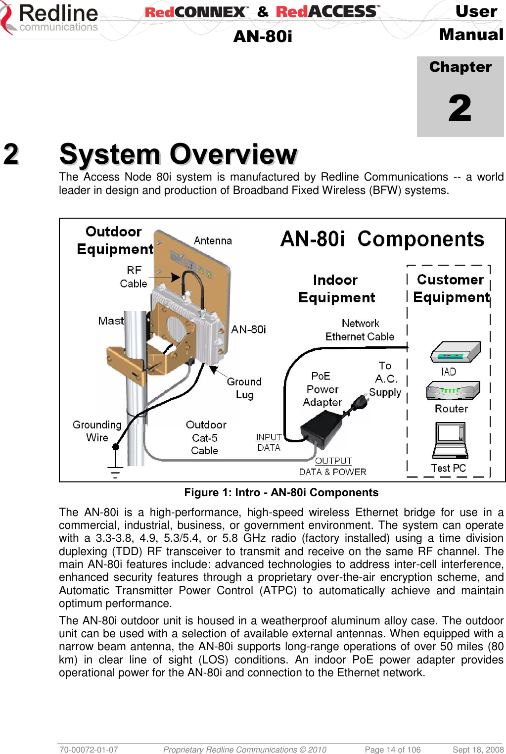    &amp;  User  AN-80i Manual  70-00072-01-07 Proprietary Redline Communications © 2010  Page 14 of 106  Sept 18, 2008            Chapter 2 22  SSyysstteemm  OOvveerrvviieeww  The Access Node 80i system is manufactured by Redline Communications  --  a world leader in design and production of Broadband Fixed Wireless (BFW) systems.   Figure 1: Intro - AN-80i Components The  AN-80i  is  a  high-performance,  high-speed  wireless  Ethernet  bridge  for  use  in  a commercial, industrial, business, or government environment. The system can operate with  a  3.3-3.8,  4.9,  5.3/5.4,  or  5.8  GHz  radio  (factory  installed)  using  a  time  division duplexing (TDD) RF transceiver to transmit and receive on the same RF channel. The main AN-80i features include: advanced technologies to address inter-cell interference, enhanced security features through  a  proprietary over-the-air  encryption scheme,  and Automatic  Transmitter  Power  Control  (ATPC)  to  automatically  achieve  and  maintain optimum performance. The AN-80i outdoor unit is housed in a weatherproof aluminum alloy case. The outdoor unit can be used with a selection of available external antennas. When equipped with a narrow beam antenna, the AN-80i supports long-range operations of over 50 miles (80 km)  in  clear  line  of  sight  (LOS)  conditions.  An  indoor  PoE  power  adapter  provides operational power for the AN-80i and connection to the Ethernet network. 