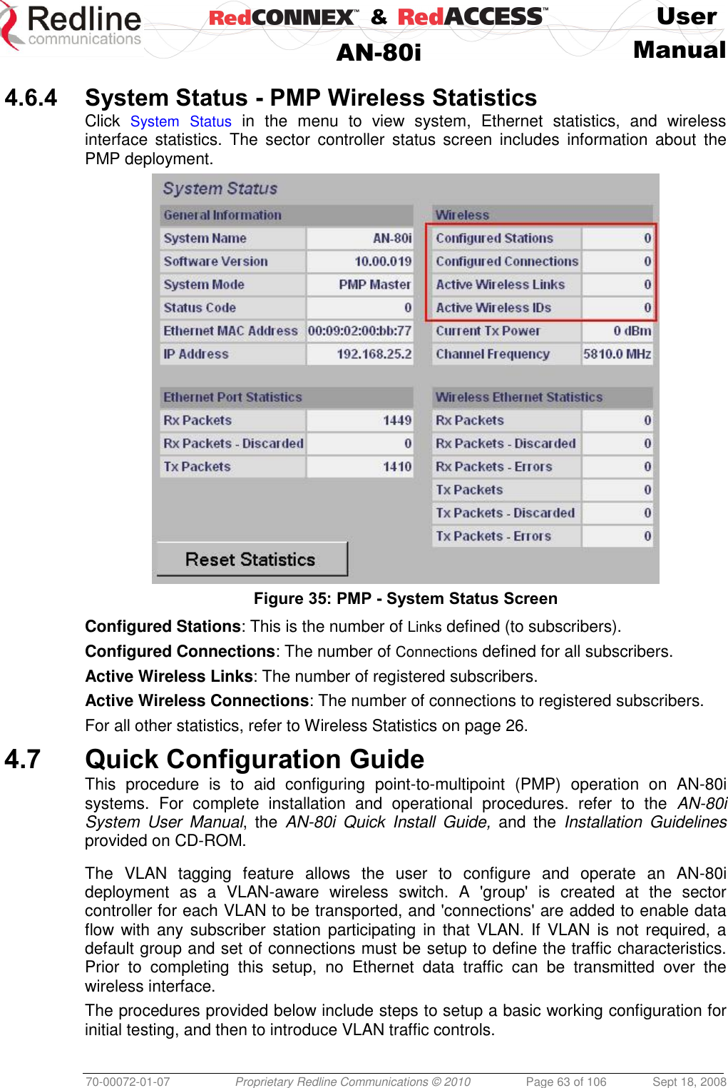    &amp;  User  AN-80i Manual  70-00072-01-07 Proprietary Redline Communications © 2010  Page 63 of 106  Sept 18, 2008  4.6.4 System Status - PMP Wireless Statistics Click  System Status in  the  menu  to  view  system,  Ethernet  statistics,  and  wireless interface  statistics.  The  sector  controller  status  screen  includes  information  about  the PMP deployment.  Figure 35: PMP - System Status Screen Configured Stations: This is the number of Links defined (to subscribers). Configured Connections: The number of Connections defined for all subscribers. Active Wireless Links: The number of registered subscribers. Active Wireless Connections: The number of connections to registered subscribers. For all other statistics, refer to Wireless Statistics on page 26.  4.7 Quick Configuration Guide This  procedure  is  to  aid  configuring  point-to-multipoint  (PMP)  operation  on  AN-80i systems.  For  complete  installation  and  operational  procedures.  refer  to  the  AN-80i System  User  Manual,  the  AN-80i  Quick  Install  Guide,  and  the  Installation  Guidelines provided on CD-ROM.  The  VLAN  tagging  feature  allows  the  user  to  configure  and  operate  an  AN-80i deployment  as  a  VLAN-aware  wireless  switch.  A  &apos;group&apos;  is  created  at  the  sector controller for each VLAN to be transported, and &apos;connections&apos; are added to enable data flow with  any subscriber  station participating in that  VLAN. If VLAN  is not required, a default group and set of connections must be setup to define the traffic characteristics. Prior  to  completing  this  setup,  no  Ethernet  data  traffic  can  be  transmitted  over  the wireless interface. The procedures provided below include steps to setup a basic working configuration for initial testing, and then to introduce VLAN traffic controls.  