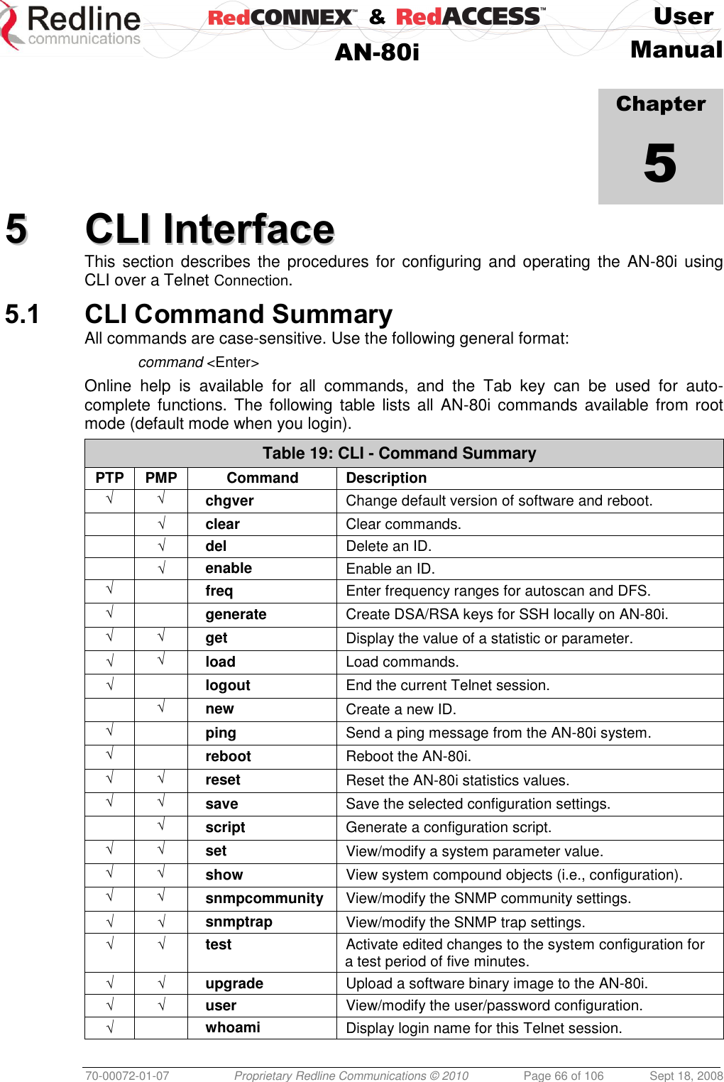    &amp;  User  AN-80i Manual  70-00072-01-07 Proprietary Redline Communications © 2010  Page 66 of 106  Sept 18, 2008             Chapter 5 55  CCLLII  IInntteerrffaaccee  This  section describes  the  procedures for configuring  and operating  the AN-80i  using CLI over a Telnet Connection. 5.1 CLI Command Summary All commands are case-sensitive. Use the following general format:  command &lt;Enter&gt; Online  help  is  available  for  all  commands,  and  the  Tab  key  can  be  used  for  auto-complete functions.  The  following table lists  all  AN-80i commands available from root mode (default mode when you login). Table 19: CLI - Command Summary PTP PMP Command Description √ √ chgver Change default version of software and reboot.  √ clear Clear commands.  √ del Delete an ID.  √ enable Enable an ID. √  freq Enter frequency ranges for autoscan and DFS. √  generate Create DSA/RSA keys for SSH locally on AN-80i. √ √ get Display the value of a statistic or parameter.  √ √ load Load commands. √  logout End the current Telnet session.  √ new Create a new ID. √  ping Send a ping message from the AN-80i system. √  reboot Reboot the AN-80i. √ √ reset Reset the AN-80i statistics values. √ √ save Save the selected configuration settings.  √ script Generate a configuration script. √ √ set View/modify a system parameter value. √ √ show View system compound objects (i.e., configuration). √ √ snmpcommunity View/modify the SNMP community settings. √ √ snmptrap View/modify the SNMP trap settings. √ √ test Activate edited changes to the system configuration for a test period of five minutes. √ √ upgrade Upload a software binary image to the AN-80i. √ √ user View/modify the user/password configuration. √  whoami Display login name for this Telnet session.  