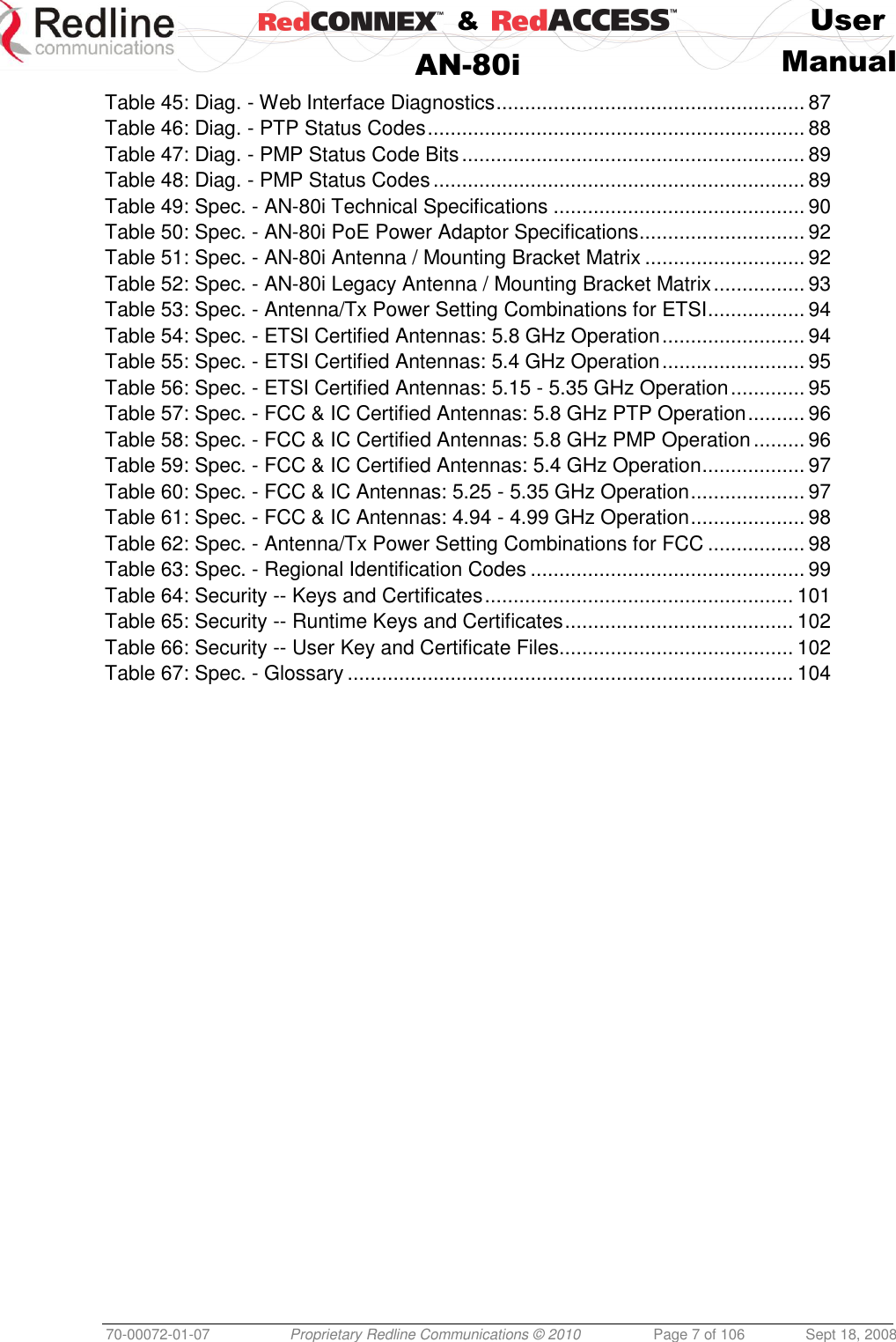    &amp;  User  AN-80i Manual  70-00072-01-07 Proprietary Redline Communications © 2010  Page 7 of 106  Sept 18, 2008 Table 45: Diag. - Web Interface Diagnostics ...................................................... 87 Table 46: Diag. - PTP Status Codes .................................................................. 88 Table 47: Diag. - PMP Status Code Bits ............................................................ 89 Table 48: Diag. - PMP Status Codes ................................................................. 89 Table 49: Spec. - AN-80i Technical Specifications ............................................ 90 Table 50: Spec. - AN-80i PoE Power Adaptor Specifications ............................. 92 Table 51: Spec. - AN-80i Antenna / Mounting Bracket Matrix ............................ 92 Table 52: Spec. - AN-80i Legacy Antenna / Mounting Bracket Matrix ................ 93 Table 53: Spec. - Antenna/Tx Power Setting Combinations for ETSI ................. 94 Table 54: Spec. - ETSI Certified Antennas: 5.8 GHz Operation ......................... 94 Table 55: Spec. - ETSI Certified Antennas: 5.4 GHz Operation ......................... 95 Table 56: Spec. - ETSI Certified Antennas: 5.15 - 5.35 GHz Operation ............. 95 Table 57: Spec. - FCC &amp; IC Certified Antennas: 5.8 GHz PTP Operation .......... 96 Table 58: Spec. - FCC &amp; IC Certified Antennas: 5.8 GHz PMP Operation ......... 96 Table 59: Spec. - FCC &amp; IC Certified Antennas: 5.4 GHz Operation .................. 97 Table 60: Spec. - FCC &amp; IC Antennas: 5.25 - 5.35 GHz Operation .................... 97 Table 61: Spec. - FCC &amp; IC Antennas: 4.94 - 4.99 GHz Operation .................... 98 Table 62: Spec. - Antenna/Tx Power Setting Combinations for FCC ................. 98 Table 63: Spec. - Regional Identification Codes ................................................ 99 Table 64: Security -- Keys and Certificates ...................................................... 101 Table 65: Security -- Runtime Keys and Certificates ........................................ 102 Table 66: Security -- User Key and Certificate Files......................................... 102 Table 67: Spec. - Glossary .............................................................................. 104   