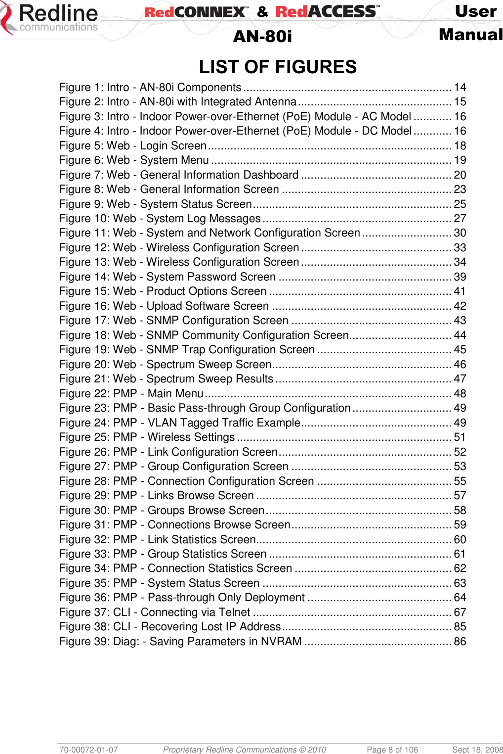    &amp;  User  AN-80i Manual  70-00072-01-07 Proprietary Redline Communications © 2010  Page 8 of 106  Sept 18, 2008  LIST OF FIGURES Figure 1: Intro - AN-80i Components ................................................................. 14 Figure 2: Intro - AN-80i with Integrated Antenna ................................................ 15 Figure 3: Intro - Indoor Power-over-Ethernet (PoE) Module - AC Model ............ 16 Figure 4: Intro - Indoor Power-over-Ethernet (PoE) Module - DC Model ............ 16 Figure 5: Web - Login Screen ............................................................................ 18 Figure 6: Web - System Menu ........................................................................... 19 Figure 7: Web - General Information Dashboard ............................................... 20 Figure 8: Web - General Information Screen ..................................................... 23 Figure 9: Web - System Status Screen .............................................................. 25 Figure 10: Web - System Log Messages ........................................................... 27 Figure 11: Web - System and Network Configuration Screen ............................ 30 Figure 12: Web - Wireless Configuration Screen ............................................... 33 Figure 13: Web - Wireless Configuration Screen ............................................... 34 Figure 14: Web - System Password Screen ...................................................... 39 Figure 15: Web - Product Options Screen ......................................................... 41 Figure 16: Web - Upload Software Screen ........................................................ 42 Figure 17: Web - SNMP Configuration Screen .................................................. 43 Figure 18: Web - SNMP Community Configuration Screen ................................ 44 Figure 19: Web - SNMP Trap Configuration Screen .......................................... 45 Figure 20: Web - Spectrum Sweep Screen ........................................................ 46 Figure 21: Web - Spectrum Sweep Results ....................................................... 47 Figure 22: PMP - Main Menu ............................................................................. 48 Figure 23: PMP - Basic Pass-through Group Configuration ............................... 49 Figure 24: PMP - VLAN Tagged Traffic Example ............................................... 49 Figure 25: PMP - Wireless Settings ................................................................... 51 Figure 26: PMP - Link Configuration Screen ...................................................... 52 Figure 27: PMP - Group Configuration Screen .................................................. 53 Figure 28: PMP - Connection Configuration Screen .......................................... 55 Figure 29: PMP - Links Browse Screen ............................................................. 57 Figure 30: PMP - Groups Browse Screen .......................................................... 58 Figure 31: PMP - Connections Browse Screen .................................................. 59 Figure 32: PMP - Link Statistics Screen ............................................................. 60 Figure 33: PMP - Group Statistics Screen ......................................................... 61 Figure 34: PMP - Connection Statistics Screen ................................................. 62 Figure 35: PMP - System Status Screen ........................................................... 63 Figure 36: PMP - Pass-through Only Deployment ............................................. 64 Figure 37: CLI - Connecting via Telnet .............................................................. 67 Figure 38: CLI - Recovering Lost IP Address ..................................................... 85 Figure 39: Diag: - Saving Parameters in NVRAM .............................................. 86    