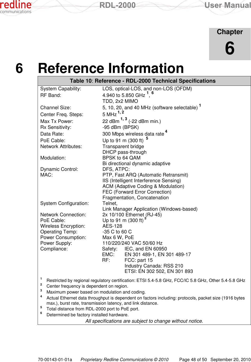  RDL-2000  User Manual 70-00143-01-01a Proprietary Redline Communications © 2010  Page 48 of 50  September 20, 2010            Chapter 6 6  Reference Information Table 10: Reference - RDL-2000 Technical Specifications System Capability:  LOS, optical-LOS, and non-LOS (OFDM) RF Band:  4.940 to 5.850 GHz 1, 6   TDD, 2x2 MIMO Channel Size:  5, 10, 20, and 40 MHz (software selectable) 1 Center Freq. Steps:  5 MHz 1, 2 Max Tx Power:  22 dBm 1, 3 (-22 dBm min.) Rx Sensitivity:  -95 dBm (BPSK) Data Rate:  300 Mbps wireless data rate 4 PoE Cable:  Up to 91 m (300 ft)  5 Network Attributes:  Transparent bridge   DHCP pass-through Modulation:  BPSK to 64 QAM   Bi directional dynamic adaptive Dynamic Control:  DFS, ATPC: MAC:  PTP, Fast ARQ (Automatic Retransmit)   IIS (Intelligent Interference Sensing)   ACM (Adaptive Coding &amp; Modulation)   FEC (Forward Error Correction)   Fragmentation, Concatenation System Configuration:  Telnet,   Link Manager Application (Windows-based) Network Connection:  2x 10/100 Ethernet (RJ-45) PoE Cable:  Up to 91 m (300 ft) 5 Wireless Encryption:  AES-128  Operating Temp:  -35 C to 60 C Power Consumption:  Max 6 W, PoE Power Supply:  110/220/240 VAC 50/60 Hz Compliance:  Safety:  IEC, and EN 60950   EMC:  EN 301 489-1, EN 301 489-17   RF:  FCC: part 15     Industry Canada: RSS 210     ETSI: EN 302 502, EN 301 893  1  Restricted by regional regulatory certification: ETSI 5.4-5.8 GHz, FCC/IC 5.8 GHz, Other 5.4-5.8 GHz 2  Center frequency is dependent on region. 3   Maximum power based on modulation and coding. 4  Actual Ethernet data throughput is dependent on factors including: protocols, packet size (1916 bytes max.), burst rate, transmission latency, and link distance. 5  Total distance from RDL-2000 port to PoE port. 6  Determined be factory installed hardware. All specifications are subject to change without notice.     