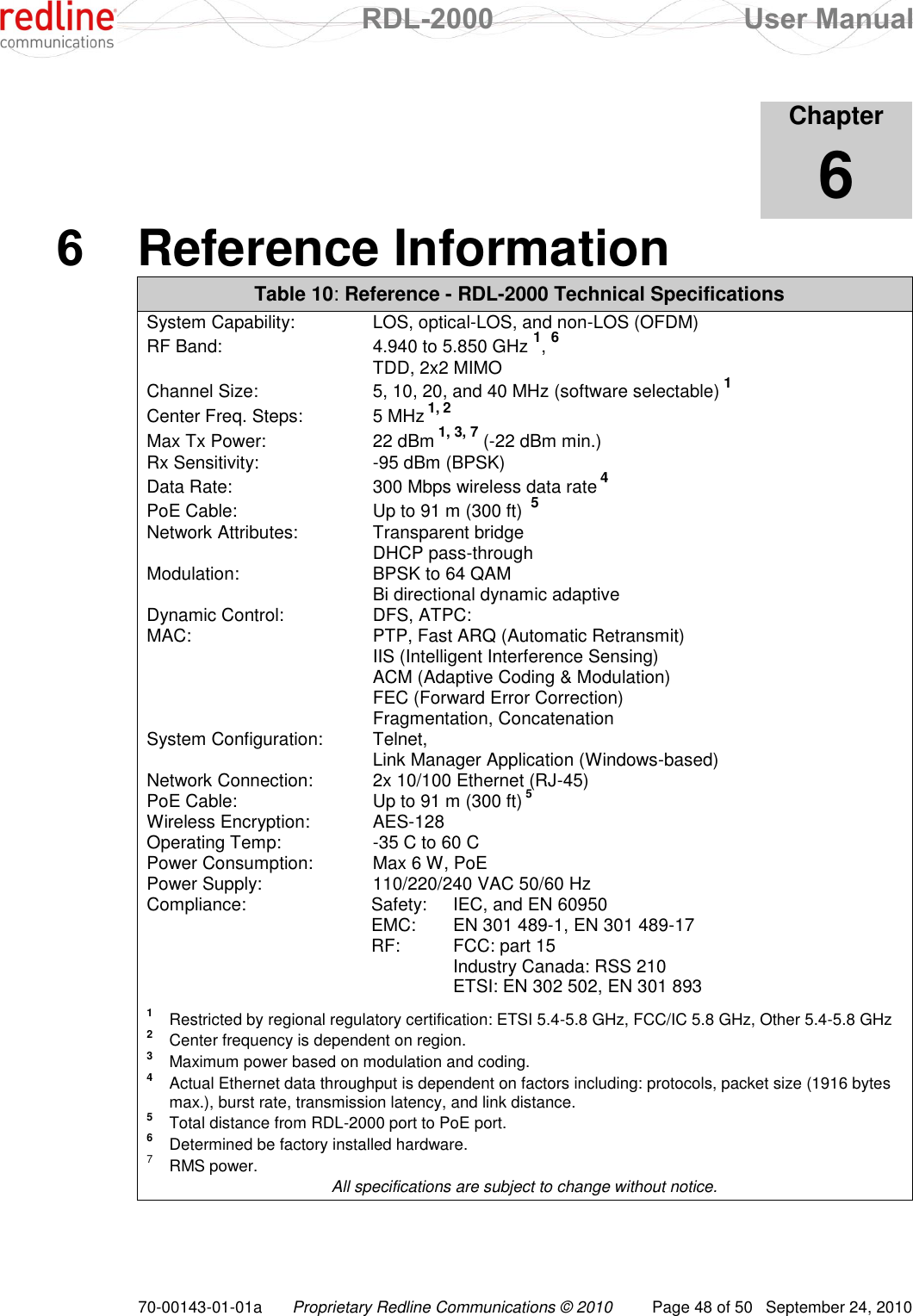  RDL-2000  User Manual 70-00143-01-01a Proprietary Redline Communications © 2010  Page 48 of 50  September 24, 2010            Chapter 6 6  Reference Information Table 10: Reference - RDL-2000 Technical Specifications System Capability:  LOS, optical-LOS, and non-LOS (OFDM) RF Band:  4.940 to 5.850 GHz 1, 6   TDD, 2x2 MIMO Channel Size:  5, 10, 20, and 40 MHz (software selectable) 1 Center Freq. Steps:  5 MHz 1, 2 Max Tx Power:  22 dBm 1, 3, 7 (-22 dBm min.) Rx Sensitivity:  -95 dBm (BPSK) Data Rate:  300 Mbps wireless data rate 4 PoE Cable:  Up to 91 m (300 ft)  5 Network Attributes:  Transparent bridge   DHCP pass-through Modulation:  BPSK to 64 QAM   Bi directional dynamic adaptive Dynamic Control:  DFS, ATPC: MAC:  PTP, Fast ARQ (Automatic Retransmit)   IIS (Intelligent Interference Sensing)   ACM (Adaptive Coding &amp; Modulation)   FEC (Forward Error Correction)   Fragmentation, Concatenation System Configuration:  Telnet,   Link Manager Application (Windows-based) Network Connection:  2x 10/100 Ethernet (RJ-45) PoE Cable:  Up to 91 m (300 ft) 5 Wireless Encryption:  AES-128  Operating Temp:  -35 C to 60 C Power Consumption:  Max 6 W, PoE Power Supply:  110/220/240 VAC 50/60 Hz Compliance:  Safety:  IEC, and EN 60950   EMC:  EN 301 489-1, EN 301 489-17   RF:  FCC: part 15     Industry Canada: RSS 210     ETSI: EN 302 502, EN 301 893  1  Restricted by regional regulatory certification: ETSI 5.4-5.8 GHz, FCC/IC 5.8 GHz, Other 5.4-5.8 GHz 2  Center frequency is dependent on region. 3   Maximum power based on modulation and coding. 4  Actual Ethernet data throughput is dependent on factors including: protocols, packet size (1916 bytes max.), burst rate, transmission latency, and link distance. 5  Total distance from RDL-2000 port to PoE port. 6  Determined be factory installed hardware. 7  RMS power. All specifications are subject to change without notice.     