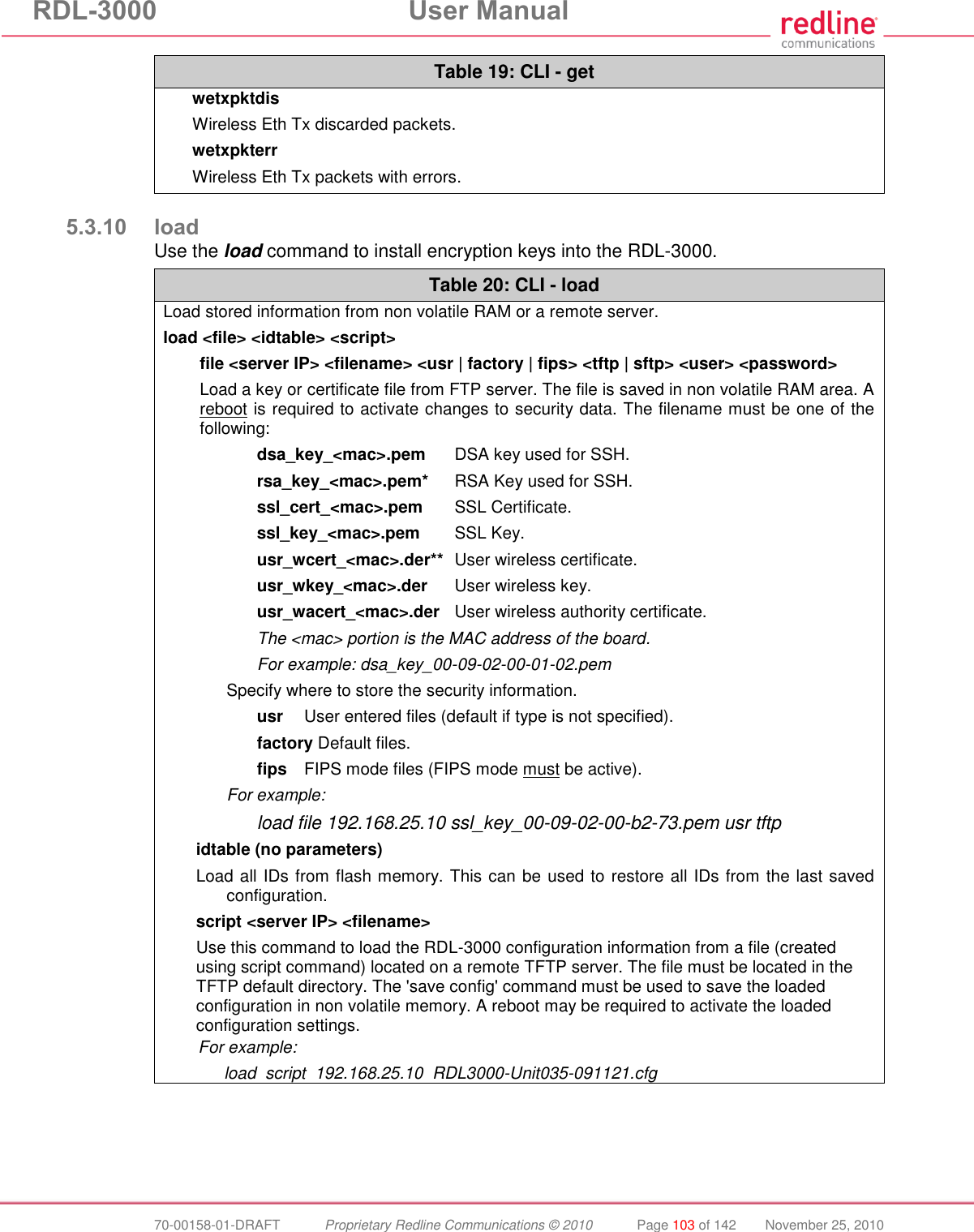 RDL-3000  User Manual  70-00158-01-DRAFT  Proprietary Redline Communications © 2010  Page 103 of 142  November 25, 2010 Table 19: CLI - get wetxpktdis Wireless Eth Tx discarded packets. wetxpkterr Wireless Eth Tx packets with errors.   5.3.10 load Use the load command to install encryption keys into the RDL-3000. Table 20: CLI - load Load stored information from non volatile RAM or a remote server.  load &lt;file&gt; &lt;idtable&gt; &lt;script&gt; file &lt;server IP&gt; &lt;filename&gt; &lt;usr | factory | fips&gt; &lt;tftp | sftp&gt; &lt;user&gt; &lt;password&gt; Load a key or certificate file from FTP server. The file is saved in non volatile RAM area. A reboot is required to activate changes to security data. The filename must be one of the following:  dsa_key_&lt;mac&gt;.pem  DSA key used for SSH.  rsa_key_&lt;mac&gt;.pem*  RSA Key used for SSH.  ssl_cert_&lt;mac&gt;.pem  SSL Certificate.  ssl_key_&lt;mac&gt;.pem  SSL Key.  usr_wcert_&lt;mac&gt;.der**  User wireless certificate.  usr_wkey_&lt;mac&gt;.der  User wireless key.  usr_wacert_&lt;mac&gt;.der  User wireless authority certificate.  The &lt;mac&gt; portion is the MAC address of the board.   For example: dsa_key_00-09-02-00-01-02.pem Specify where to store the security information.  usr  User entered files (default if type is not specified).  factory Default files.  fips  FIPS mode files (FIPS mode must be active).   For example:   load file 192.168.25.10 ssl_key_00-09-02-00-b2-73.pem usr tftp idtable (no parameters) Load all IDs from flash memory. This can be used to restore all IDs from the last saved configuration. script &lt;server IP&gt; &lt;filename&gt; Use this command to load the RDL-3000 configuration information from a file (created using script command) located on a remote TFTP server. The file must be located in the TFTP default directory. The &apos;save config&apos; command must be used to save the loaded configuration in non volatile memory. A reboot may be required to activate the loaded configuration settings. For example:    load  script  192.168.25.10  RDL3000-Unit035-091121.cfg  