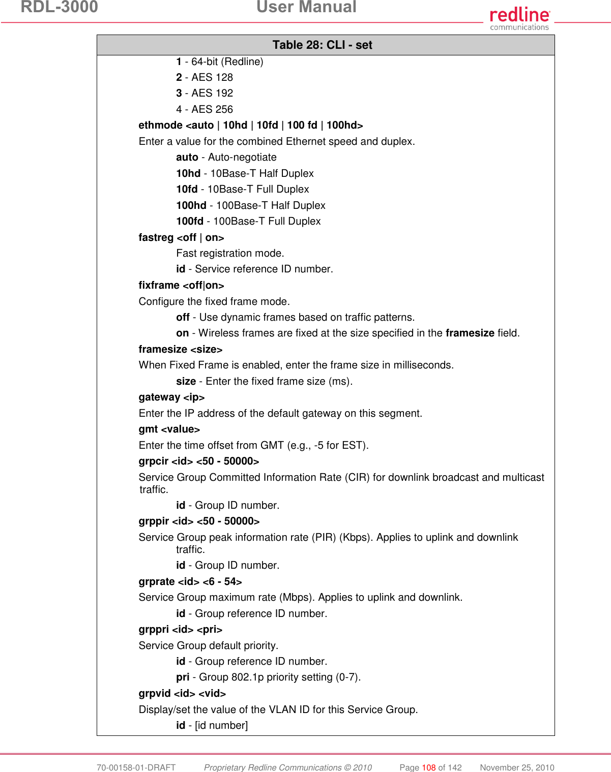 RDL-3000  User Manual  70-00158-01-DRAFT  Proprietary Redline Communications © 2010  Page 108 of 142  November 25, 2010 Table 28: CLI - set  1 - 64-bit (Redline)  2 - AES 128  3 - AES 192  4 - AES 256 ethmode &lt;auto | 10hd | 10fd | 100 fd | 100hd&gt; Enter a value for the combined Ethernet speed and duplex.  auto - Auto-negotiate  10hd - 10Base-T Half Duplex  10fd - 10Base-T Full Duplex  100hd - 100Base-T Half Duplex  100fd - 100Base-T Full Duplex fastreg &lt;off | on&gt;   Fast registration mode.  id - Service reference ID number. fixframe &lt;off|on&gt; Configure the fixed frame mode.  off - Use dynamic frames based on traffic patterns.  on - Wireless frames are fixed at the size specified in the framesize field. framesize &lt;size&gt; When Fixed Frame is enabled, enter the frame size in milliseconds.  size - Enter the fixed frame size (ms). gateway &lt;ip&gt; Enter the IP address of the default gateway on this segment. gmt &lt;value&gt; Enter the time offset from GMT (e.g., -5 for EST). grpcir &lt;id&gt; &lt;50 - 50000&gt; Service Group Committed Information Rate (CIR) for downlink broadcast and multicast traffic.  id - Group ID number. grppir &lt;id&gt; &lt;50 - 50000&gt; Service Group peak information rate (PIR) (Kbps). Applies to uplink and downlink traffic.  id - Group ID number. grprate &lt;id&gt; &lt;6 - 54&gt; Service Group maximum rate (Mbps). Applies to uplink and downlink.  id - Group reference ID number. grppri &lt;id&gt; &lt;pri&gt; Service Group default priority.  id - Group reference ID number.  pri - Group 802.1p priority setting (0-7). grpvid &lt;id&gt; &lt;vid&gt; Display/set the value of the VLAN ID for this Service Group.  id - [id number] 