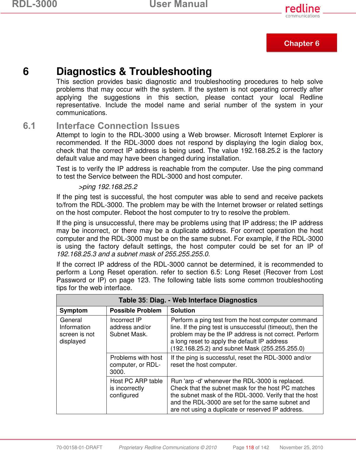 RDL-3000  User Manual  70-00158-01-DRAFT  Proprietary Redline Communications © 2010  Page 118 of 142  November 25, 2010       6  Diagnostics &amp; Troubleshooting This  section  provides  basic  diagnostic  and  troubleshooting  procedures  to  help  solve problems that may occur with the system. If the system is not operating correctly after applying  the  suggestions  in  this  section,  please  contact  your  local  Redline representative.  Include  the  model  name  and  serial  number  of  the  system  in  your communications. 6.1 Interface Connection Issues Attempt to login to the RDL-3000 using  a Web browser. Microsoft Internet Explorer is recommended.  If  the  RDL-3000 does  not  respond  by  displaying  the  login  dialog  box, check that the correct IP address is being used. The value 192.168.25.2 is the factory default value and may have been changed during installation. Test is to verify the IP address is reachable from the computer. Use the ping command to test the Service between the RDL-3000 and host computer. &gt;ping 192.168.25.2 If the ping test is successful, the host computer was able to send and receive packets to/from the RDL-3000. The problem may be with the Internet browser or related settings on the host computer. Reboot the host computer to try to resolve the problem. If the ping is unsuccessful, there may be problems using that IP address; the IP address may be incorrect, or there may be a duplicate address. For correct operation the host computer and the RDL-3000 must be on the same subnet. For example, if the RDL-3000 is  using  the  factory  default  settings,  the  host  computer  could  be  set  for  an  IP  of 192.168.25.3 and a subnet mask of 255.255.255.0. If the correct IP address of the RDL-3000 cannot be determined, it is recommended to perform a  Long Reset operation. refer to section  6.5:  Long Reset (Recover from Lost Password or IP) on page 123. The following table lists some common troubleshooting tips for the web interface. Table 35: Diag. - Web Interface Diagnostics Symptom Possible Problem Solution General Information screen is not displayed Incorrect IP address and/or Subnet Mask. Perform a ping test from the host computer command line. If the ping test is unsuccessful (timeout), then the problem may be the IP address is not correct. Perform a long reset to apply the default IP address (192.168.25.2) and subnet Mask (255.255.255.0) Problems with host computer, or RDL-3000. If the ping is successful, reset the RDL-3000 and/or reset the host computer. Host PC ARP table is incorrectly configured Run &apos;arp -d&apos; whenever the RDL-3000 is replaced. Check that the subnet mask for the host PC matches the subnet mask of the RDL-3000. Verify that the host and the RDL-3000 are set for the same subnet and are not using a duplicate or reserved IP address.   Chapter 6 