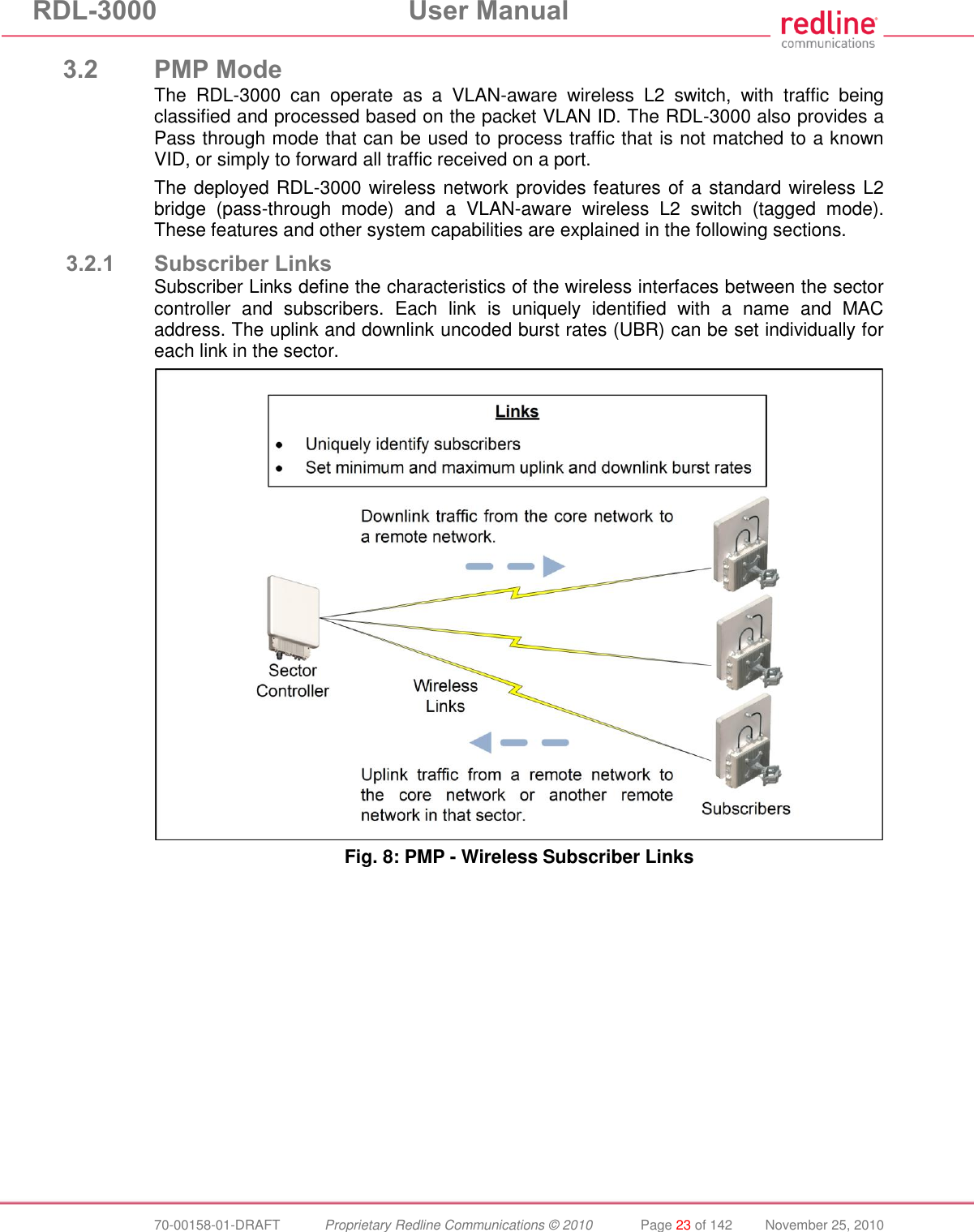 RDL-3000  User Manual  70-00158-01-DRAFT  Proprietary Redline Communications © 2010  Page 23 of 142  November 25, 2010 3.2 PMP Mode The  RDL-3000  can  operate  as  a  VLAN-aware  wireless  L2  switch,  with  traffic  being classified and processed based on the packet VLAN ID. The RDL-3000 also provides a Pass through mode that can be used to process traffic that is not matched to a known VID, or simply to forward all traffic received on a port.  The deployed RDL-3000 wireless network provides features of a standard wireless L2 bridge  (pass-through  mode)  and  a  VLAN-aware  wireless  L2  switch  (tagged  mode). These features and other system capabilities are explained in the following sections. 3.2.1 Subscriber Links Subscriber Links define the characteristics of the wireless interfaces between the sector controller  and  subscribers.  Each  link  is  uniquely  identified  with  a  name  and  MAC address. The uplink and downlink uncoded burst rates (UBR) can be set individually for each link in the sector.  Fig. 8: PMP - Wireless Subscriber Links 