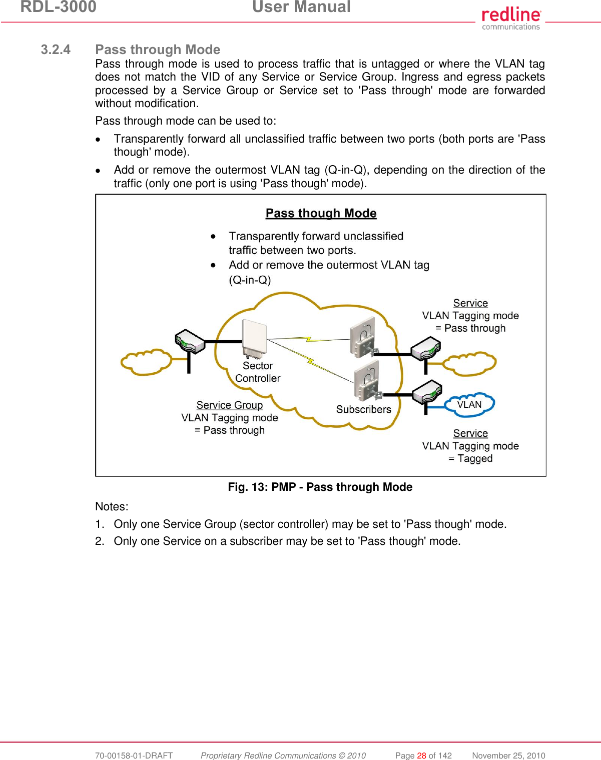 RDL-3000  User Manual  70-00158-01-DRAFT  Proprietary Redline Communications © 2010  Page 28 of 142  November 25, 2010  3.2.4 Pass through Mode Pass through mode is used to process traffic that is untagged or where the VLAN tag does not match the VID of any Service or Service Group. Ingress and egress packets processed  by  a  Service  Group  or  Service  set  to  &apos;Pass  through&apos;  mode  are  forwarded without modification. Pass through mode can be used to:   Transparently forward all unclassified traffic between two ports (both ports are &apos;Pass though&apos; mode).   Add or remove the outermost VLAN tag (Q-in-Q), depending on the direction of the traffic (only one port is using &apos;Pass though&apos; mode).  Fig. 13: PMP - Pass through Mode  Notes: 1.  Only one Service Group (sector controller) may be set to &apos;Pass though&apos; mode. 2.  Only one Service on a subscriber may be set to &apos;Pass though&apos; mode. 