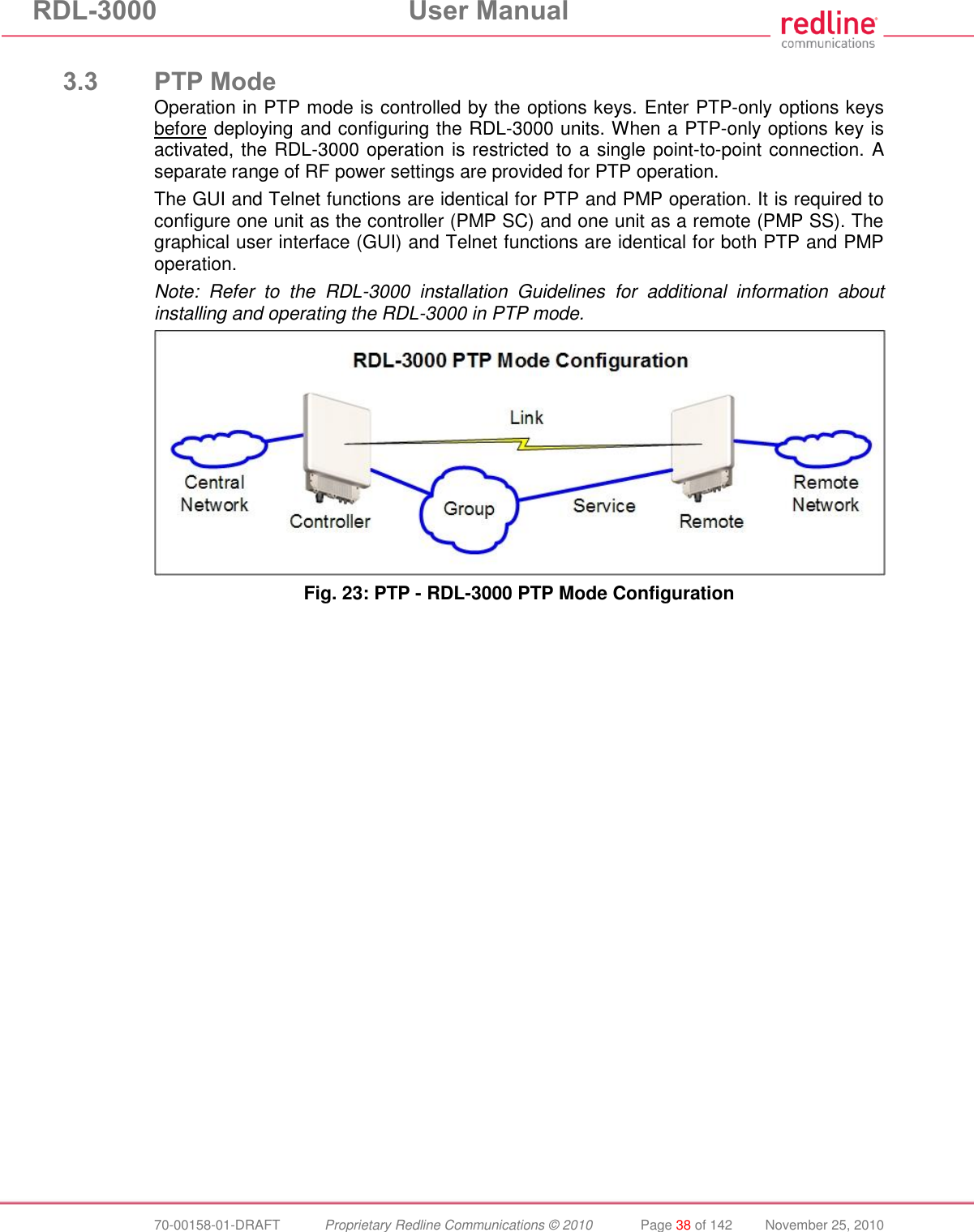 RDL-3000  User Manual  70-00158-01-DRAFT  Proprietary Redline Communications © 2010  Page 38 of 142  November 25, 2010  3.3 PTP Mode Operation in PTP mode is controlled by the options keys. Enter PTP-only options keys before deploying and configuring the RDL-3000 units. When a PTP-only options key is activated, the RDL-3000 operation is restricted to a single point-to-point connection. A separate range of RF power settings are provided for PTP operation.  The GUI and Telnet functions are identical for PTP and PMP operation. It is required to configure one unit as the controller (PMP SC) and one unit as a remote (PMP SS). The graphical user interface (GUI) and Telnet functions are identical for both PTP and PMP operation. Note:  Refer  to  the  RDL-3000  installation  Guidelines  for  additional  information  about installing and operating the RDL-3000 in PTP mode.  Fig. 23: PTP - RDL-3000 PTP Mode Configuration  