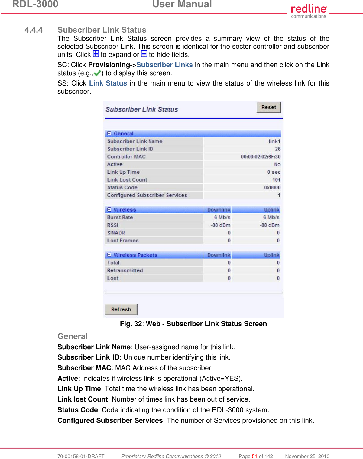 RDL-3000  User Manual  70-00158-01-DRAFT  Proprietary Redline Communications © 2010  Page 51 of 142  November 25, 2010  4.4.4 Subscriber Link Status The  Subscriber  Link  Status  screen  provides  a  summary  view  of  the  status  of  the selected Subscriber Link. This screen is identical for the sector controller and subscriber units. Click   to expand or   to hide fields. SC: Click Provisioning-&gt;Subscriber Links in the main menu and then click on the Link status (e.g., ) to display this screen. SS: Click Link Status in the main menu to view the status of the wireless link for this subscriber.    Fig. 32: Web - Subscriber Link Status Screen General Subscriber Link Name: User-assigned name for this link. Subscriber Link ID: Unique number identifying this link. Subscriber MAC: MAC Address of the subscriber. Active: Indicates if wireless link is operational (Active=YES). Link Up Time: Total time the wireless link has been operational. Link lost Count: Number of times link has been out of service. Status Code: Code indicating the condition of the RDL-3000 system. Configured Subscriber Services: The number of Services provisioned on this link. 