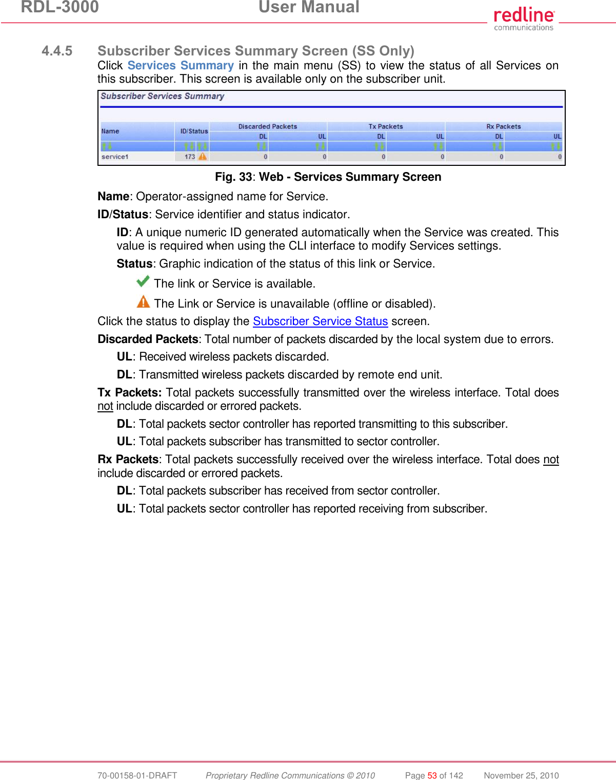 RDL-3000  User Manual  70-00158-01-DRAFT  Proprietary Redline Communications © 2010  Page 53 of 142  November 25, 2010  4.4.5 Subscriber Services Summary Screen (SS Only) Click Services Summary in the main menu (SS) to view the status of all Services on this subscriber. This screen is available only on the subscriber unit.  Fig. 33: Web - Services Summary Screen Name: Operator-assigned name for Service. ID/Status: Service identifier and status indicator. ID: A unique numeric ID generated automatically when the Service was created. This value is required when using the CLI interface to modify Services settings. Status: Graphic indication of the status of this link or Service.   The link or Service is available.  The Link or Service is unavailable (offline or disabled). Click the status to display the Subscriber Service Status screen. Discarded Packets: Total number of packets discarded by the local system due to errors. UL: Received wireless packets discarded. DL: Transmitted wireless packets discarded by remote end unit. Tx Packets: Total packets successfully transmitted over the wireless interface. Total does not include discarded or errored packets. DL: Total packets sector controller has reported transmitting to this subscriber. UL: Total packets subscriber has transmitted to sector controller. Rx Packets: Total packets successfully received over the wireless interface. Total does not include discarded or errored packets. DL: Total packets subscriber has received from sector controller. UL: Total packets sector controller has reported receiving from subscriber. 