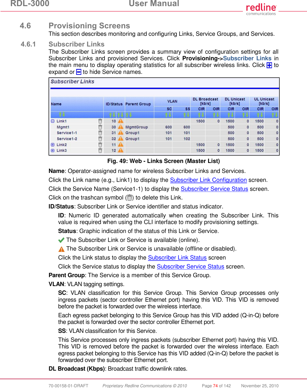 RDL-3000  User Manual  70-00158-01-DRAFT  Proprietary Redline Communications © 2010  Page 74 of 142  November 25, 2010  4.6 Provisioning Screens This section describes monitoring and configuring Links, Service Groups, and Services. 4.6.1 Subscriber Links The Subscriber Links screen provides a summary view of configuration settings for all Subscriber Links and  provisioned Services. Click  Provisioning-&gt;Subscriber Links in the main menu to display operating statistics for all subscriber wireless links. Click   to expand or   to hide Service names.  Fig. 49: Web - Links Screen (Master List) Name: Operator-assigned name for wireless Subscriber Links and Services. Click the Link name (e.g., Link1) to display the Subscriber Link Configuration screen. Click the Service Name (Service1-1) to display the Subscriber Service Status screen. Click on the trashcan symbol ( ) to delete this Link. ID/Status: Subscriber Link or Service identifier and status indicator. ID:  Numeric  ID  generated  automatically  when  creating  the  Subscriber  Link.  This value is required when using the CLI interface to modify provisioning settings. Status: Graphic indication of the status of this Link or Service.  The Subscriber Link or Service is available (online).  The Subscriber Link or Service is unavailable (offline or disabled). Click the Link status to display the Subscriber Link Status screen Click the Service status to display the Subscriber Service Status screen. Parent Group: The Service is a member of this Service Group. VLAN: VLAN tagging settings. SC:  VLAN  classification  for  this  Service  Group.  This  Service  Group  processes  only ingress packets (sector controller Ethernet port) having this VID. This VID is removed before the packet is forwarded over the wireless interface.  Each egress packet belonging to this Service Group has this VID added (Q-in-Q) before the packet is forwarded over the sector controller Ethernet port. SS: VLAN classification for this Service. This Service processes only ingress packets (subscriber Ethernet port) having this VID. This VID is removed before the packet is forwarded over the wireless interface. Each egress packet belonging to this Service has this VID added (Q-in-Q) before the packet is forwarded over the subscriber Ethernet port. DL Broadcast (Kbps): Broadcast traffic downlink rates. 