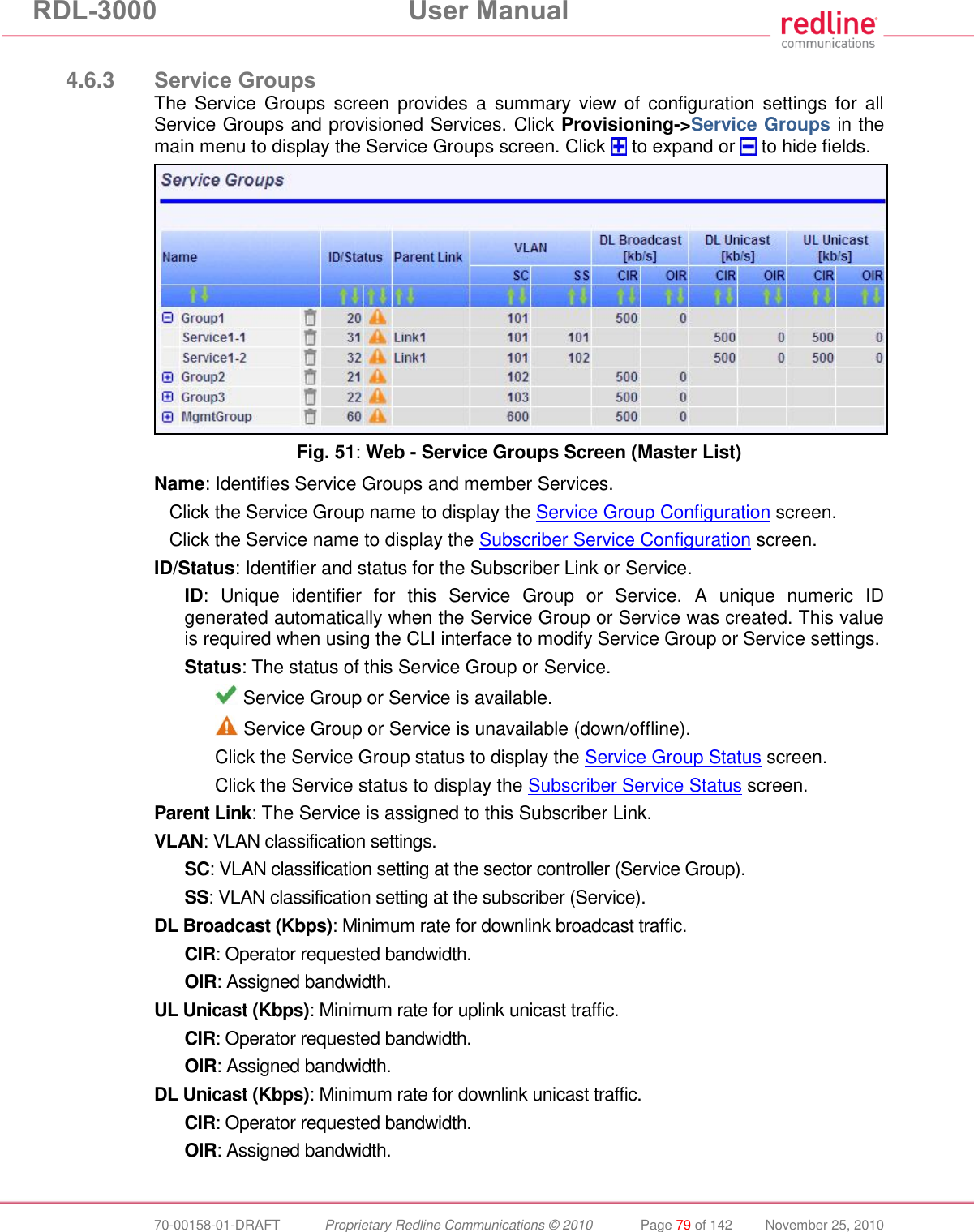 RDL-3000  User Manual  70-00158-01-DRAFT  Proprietary Redline Communications © 2010  Page 79 of 142  November 25, 2010  4.6.3 Service Groups The  Service  Groups  screen  provides  a  summary  view  of  configuration settings  for  all Service Groups and provisioned Services. Click Provisioning-&gt;Service Groups in the main menu to display the Service Groups screen. Click   to expand or   to hide fields.  Fig. 51: Web - Service Groups Screen (Master List) Name: Identifies Service Groups and member Services. Click the Service Group name to display the Service Group Configuration screen. Click the Service name to display the Subscriber Service Configuration screen. ID/Status: Identifier and status for the Subscriber Link or Service. ID:  Unique  identifier  for  this  Service  Group  or  Service.  A  unique  numeric  ID generated automatically when the Service Group or Service was created. This value is required when using the CLI interface to modify Service Group or Service settings. Status: The status of this Service Group or Service.  Service Group or Service is available.  Service Group or Service is unavailable (down/offline). Click the Service Group status to display the Service Group Status screen. Click the Service status to display the Subscriber Service Status screen. Parent Link: The Service is assigned to this Subscriber Link. VLAN: VLAN classification settings. SC: VLAN classification setting at the sector controller (Service Group). SS: VLAN classification setting at the subscriber (Service). DL Broadcast (Kbps): Minimum rate for downlink broadcast traffic.  CIR: Operator requested bandwidth. OIR: Assigned bandwidth. UL Unicast (Kbps): Minimum rate for uplink unicast traffic. CIR: Operator requested bandwidth. OIR: Assigned bandwidth. DL Unicast (Kbps): Minimum rate for downlink unicast traffic. CIR: Operator requested bandwidth. OIR: Assigned bandwidth. 