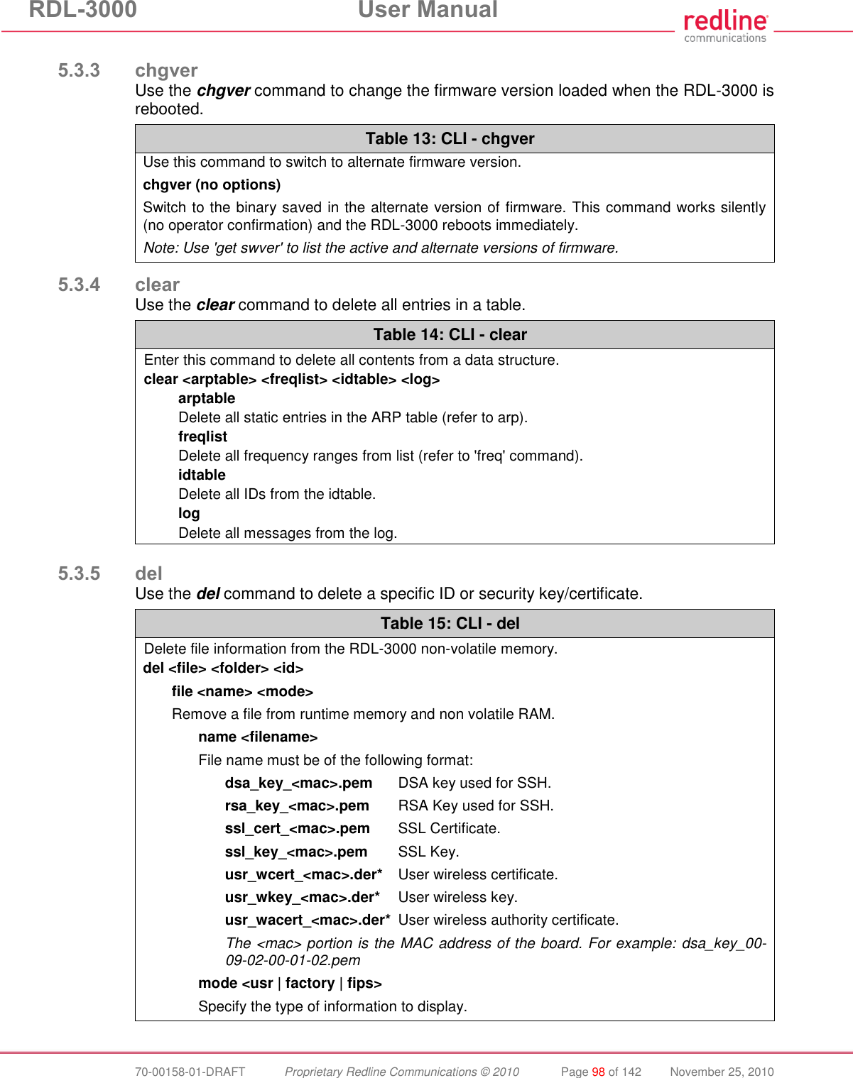 RDL-3000  User Manual  70-00158-01-DRAFT  Proprietary Redline Communications © 2010  Page 98 of 142  November 25, 2010  5.3.3 chgver Use the chgver command to change the firmware version loaded when the RDL-3000 is rebooted. Table 13: CLI - chgver Use this command to switch to alternate firmware version.  chgver (no options) Switch to the binary saved in the alternate version of firmware. This command works silently (no operator confirmation) and the RDL-3000 reboots immediately. Note: Use &apos;get swver&apos; to list the active and alternate versions of firmware.  5.3.4 clear Use the clear command to delete all entries in a table. Table 14: CLI - clear Enter this command to delete all contents from a data structure. clear &lt;arptable&gt; &lt;freqlist&gt; &lt;idtable&gt; &lt;log&gt; arptable Delete all static entries in the ARP table (refer to arp). freqlist Delete all frequency ranges from list (refer to &apos;freq&apos; command). idtable Delete all IDs from the idtable. log Delete all messages from the log.   5.3.5 del Use the del command to delete a specific ID or security key/certificate. Table 15: CLI - del Delete file information from the RDL-3000 non-volatile memory. del &lt;file&gt; &lt;folder&gt; &lt;id&gt; file &lt;name&gt; &lt;mode&gt; Remove a file from runtime memory and non volatile RAM.   name &lt;filename&gt;   File name must be of the following format:  dsa_key_&lt;mac&gt;.pem  DSA key used for SSH.  rsa_key_&lt;mac&gt;.pem  RSA Key used for SSH.  ssl_cert_&lt;mac&gt;.pem  SSL Certificate.  ssl_key_&lt;mac&gt;.pem  SSL Key.  usr_wcert_&lt;mac&gt;.der*  User wireless certificate.  usr_wkey_&lt;mac&gt;.der*  User wireless key.  usr_wacert_&lt;mac&gt;.der*  User wireless authority certificate.  The &lt;mac&gt; portion is the MAC address of the board. For example: dsa_key_00-09-02-00-01-02.pem mode &lt;usr | factory | fips&gt; Specify the type of information to display. 