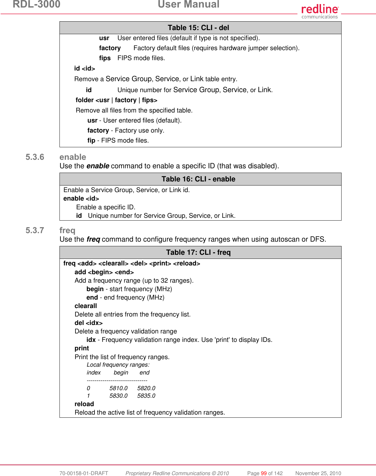 RDL-3000  User Manual  70-00158-01-DRAFT  Proprietary Redline Communications © 2010  Page 99 of 142  November 25, 2010 Table 15: CLI - del  usr  User entered files (default if type is not specified).  factory Factory default files (requires hardware jumper selection).  fips  FIPS mode files.  id &lt;id&gt; Remove a Service Group, Service, or Link table entry.  id  Unique number for Service Group, Service, or Link. folder &lt;usr | factory | fips&gt; Remove all files from the specified table. usr - User entered files (default). factory - Factory use only. fip - FIPS mode files.  5.3.6 enable Use the enable command to enable a specific ID (that was disabled). Table 16: CLI - enable Enable a Service Group, Service, or Link id. enable &lt;id&gt; Enable a specific ID. id  Unique number for Service Group, Service, or Link.  5.3.7 freq Use the freq command to configure frequency ranges when using autoscan or DFS. Table 17: CLI - freq freq &lt;add&gt; &lt;clearall&gt; &lt;del&gt; &lt;print&gt; &lt;reload&gt; add &lt;begin&gt; &lt;end&gt; Add a frequency range (up to 32 ranges).  begin - start frequency (MHz)  end - end frequency (MHz) clearall Delete all entries from the frequency list. del &lt;idx&gt; Delete a frequency validation range  idx - Frequency validation range index. Use &apos;print&apos; to display IDs. print Print the list of frequency ranges.   Local frequency ranges:   index        begin       end  -------------------------------   0            5810.0      5820.0   1            5830.0      5835.0 reload Reload the active list of frequency validation ranges.    