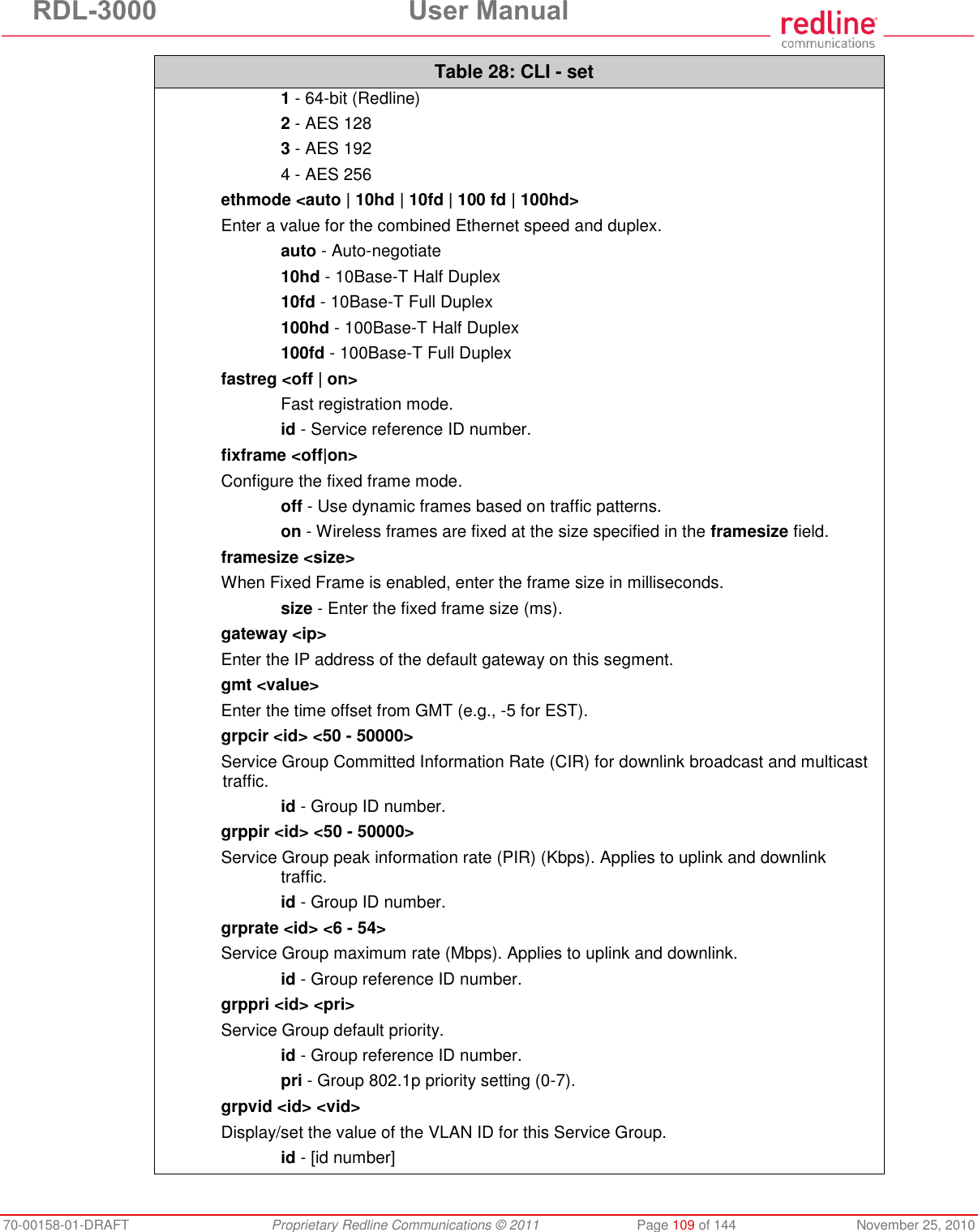 RDL-3000  User Manual 70-00158-01-DRAFT  Proprietary Redline Communications © 2011  Page 109 of 144  November 25, 2010 Table 28: CLI - set  1 - 64-bit (Redline)  2 - AES 128  3 - AES 192  4 - AES 256 ethmode &lt;auto | 10hd | 10fd | 100 fd | 100hd&gt; Enter a value for the combined Ethernet speed and duplex.  auto - Auto-negotiate  10hd - 10Base-T Half Duplex  10fd - 10Base-T Full Duplex  100hd - 100Base-T Half Duplex  100fd - 100Base-T Full Duplex fastreg &lt;off | on&gt;   Fast registration mode.  id - Service reference ID number. fixframe &lt;off|on&gt; Configure the fixed frame mode.  off - Use dynamic frames based on traffic patterns.  on - Wireless frames are fixed at the size specified in the framesize field. framesize &lt;size&gt; When Fixed Frame is enabled, enter the frame size in milliseconds.  size - Enter the fixed frame size (ms). gateway &lt;ip&gt; Enter the IP address of the default gateway on this segment. gmt &lt;value&gt; Enter the time offset from GMT (e.g., -5 for EST). grpcir &lt;id&gt; &lt;50 - 50000&gt; Service Group Committed Information Rate (CIR) for downlink broadcast and multicast traffic.  id - Group ID number. grppir &lt;id&gt; &lt;50 - 50000&gt; Service Group peak information rate (PIR) (Kbps). Applies to uplink and downlink traffic.  id - Group ID number. grprate &lt;id&gt; &lt;6 - 54&gt; Service Group maximum rate (Mbps). Applies to uplink and downlink.  id - Group reference ID number. grppri &lt;id&gt; &lt;pri&gt; Service Group default priority.  id - Group reference ID number.  pri - Group 802.1p priority setting (0-7). grpvid &lt;id&gt; &lt;vid&gt; Display/set the value of the VLAN ID for this Service Group.  id - [id number] 