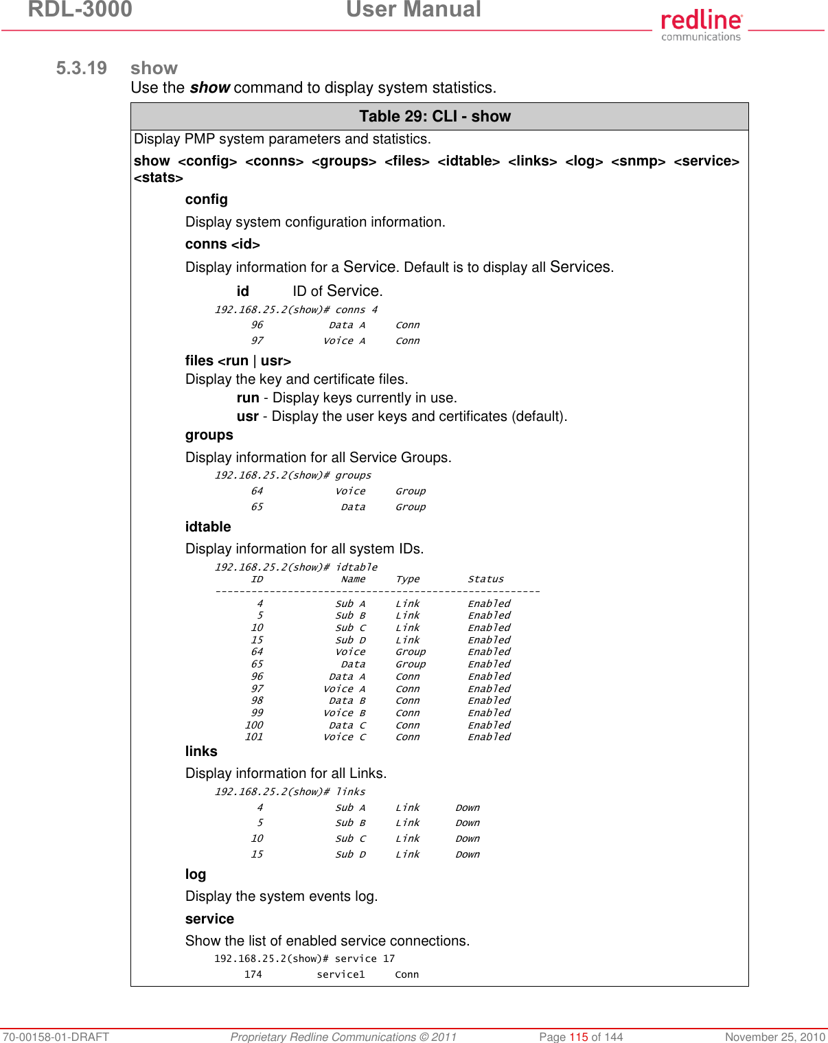 RDL-3000  User Manual 70-00158-01-DRAFT  Proprietary Redline Communications © 2011  Page 115 of 144  November 25, 2010  5.3.19 show Use the show command to display system statistics. Table 29: CLI - show Display PMP system parameters and statistics. show  &lt;config&gt;  &lt;conns&gt;  &lt;groups&gt;  &lt;files&gt;  &lt;idtable&gt;  &lt;links&gt;  &lt;log&gt;  &lt;snmp&gt;  &lt;service&gt; &lt;stats&gt; config Display system configuration information. conns &lt;id&gt; Display information for a Service. Default is to display all Services.  id  ID of Service. 192.168.25.2(show)# conns 4       96           Data A     Conn       97          Voice A     Conn files &lt;run | usr&gt; Display the key and certificate files.  run - Display keys currently in use.  usr - Display the user keys and certificates (default). groups Display information for all Service Groups. 192.168.25.2(show)# groups       64            Voice     Group       65             Data     Group idtable Display information for all system IDs. 192.168.25.2(show)# idtable       ID             Name     Type        Status ------------------------------------------------------        4            Sub A     Link        Enabled        5            Sub B     Link        Enabled       10            Sub C     Link        Enabled       15            Sub D     Link        Enabled       64            Voice     Group       Enabled       65             Data     Group       Enabled       96           Data A     Conn        Enabled       97          Voice A     Conn        Enabled       98           Data B     Conn        Enabled       99          Voice B     Conn        Enabled      100           Data C     Conn        Enabled      101          Voice C     Conn        Enabled links Display information for all Links. 192.168.25.2(show)# links        4            Sub A     Link      Down        5            Sub B     Link      Down       10            Sub C     Link      Down       15            Sub D     Link      Down  log Display the system events log. service Show the list of enabled service connections. 192.168.25.2(show)# service 17      174         service1     Conn 