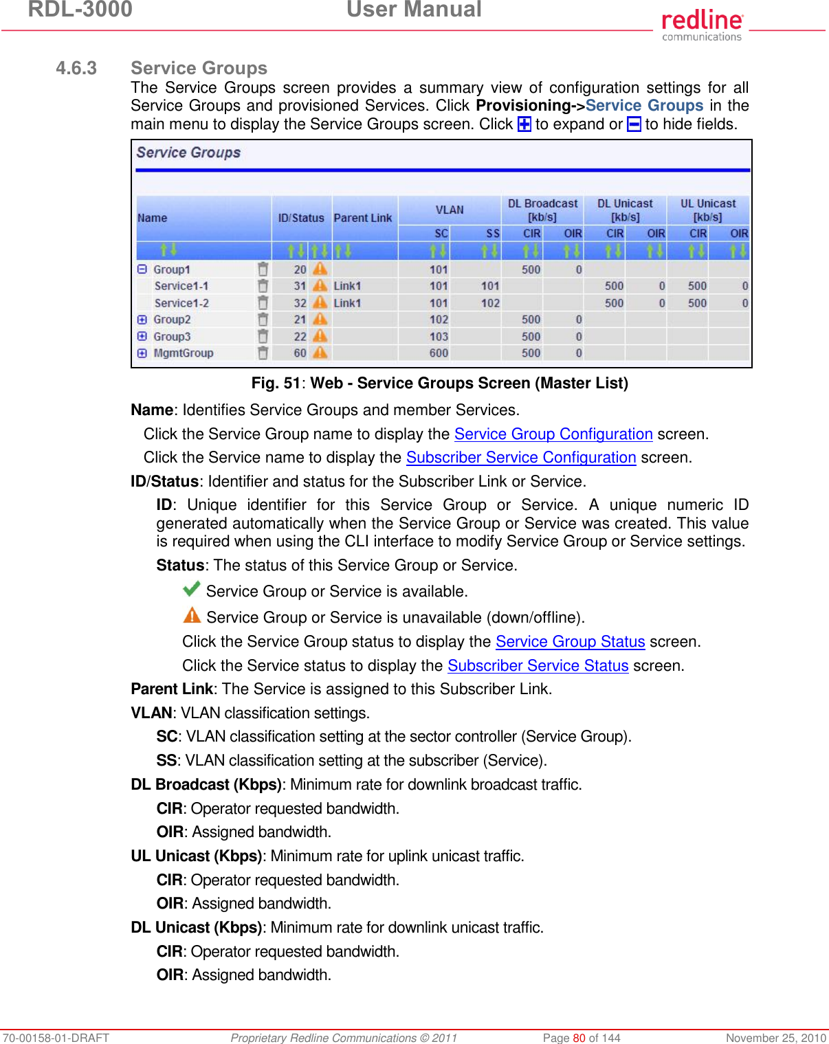 RDL-3000  User Manual 70-00158-01-DRAFT  Proprietary Redline Communications © 2011  Page 80 of 144  November 25, 2010  4.6.3 Service Groups The  Service  Groups  screen  provides  a  summary  view  of  configuration settings  for  all Service Groups and provisioned Services. Click Provisioning-&gt;Service Groups in the main menu to display the Service Groups screen. Click   to expand or   to hide fields.  Fig. 51: Web - Service Groups Screen (Master List) Name: Identifies Service Groups and member Services. Click the Service Group name to display the Service Group Configuration screen. Click the Service name to display the Subscriber Service Configuration screen. ID/Status: Identifier and status for the Subscriber Link or Service. ID:  Unique  identifier  for  this  Service  Group  or  Service.  A  unique  numeric  ID generated automatically when the Service Group or Service was created. This value is required when using the CLI interface to modify Service Group or Service settings. Status: The status of this Service Group or Service.  Service Group or Service is available.  Service Group or Service is unavailable (down/offline). Click the Service Group status to display the Service Group Status screen. Click the Service status to display the Subscriber Service Status screen. Parent Link: The Service is assigned to this Subscriber Link. VLAN: VLAN classification settings. SC: VLAN classification setting at the sector controller (Service Group). SS: VLAN classification setting at the subscriber (Service). DL Broadcast (Kbps): Minimum rate for downlink broadcast traffic.  CIR: Operator requested bandwidth. OIR: Assigned bandwidth. UL Unicast (Kbps): Minimum rate for uplink unicast traffic. CIR: Operator requested bandwidth. OIR: Assigned bandwidth. DL Unicast (Kbps): Minimum rate for downlink unicast traffic. CIR: Operator requested bandwidth. OIR: Assigned bandwidth. 