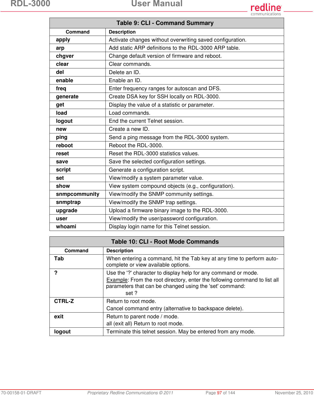 RDL-3000  User Manual 70-00158-01-DRAFT  Proprietary Redline Communications © 2011  Page 97 of 144  November 25, 2010 Table 9: CLI - Command Summary Command Description apply Activate changes without overwriting saved configuration. arp Add static ARP definitions to the RDL-3000 ARP table. chgver Change default version of firmware and reboot. clear Clear commands. del Delete an ID. enable Enable an ID. freq Enter frequency ranges for autoscan and DFS. generate Create DSA key for SSH locally on RDL-3000. get Display the value of a statistic or parameter.  load Load commands. logout End the current Telnet session. new Create a new ID. ping Send a ping message from the RDL-3000 system. reboot Reboot the RDL-3000. reset Reset the RDL-3000 statistics values. save Save the selected configuration settings. script Generate a configuration script. set View/modify a system parameter value. show View system compound objects (e.g., configuration). snmpcommunity View/modify the SNMP community settings. snmptrap View/modify the SNMP trap settings. upgrade Upload a firmware binary image to the RDL-3000. user View/modify the user/password configuration. whoami Display login name for this Telnet session.   Table 10: CLI - Root Mode Commands Command Description Tab When entering a command, hit the Tab key at any time to perform auto-complete or view available options. ? Use the &apos;?&apos; character to display help for any command or mode. Example: From the root directory, enter the following command to list all parameters that can be changed using the &apos;set&apos; command:   set ? CTRL-Z Return to root mode. Cancel command entry (alternative to backspace delete). exit  Return to parent node / mode. all (exit all) Return to root mode. logout Terminate this telnet session. May be entered from any mode.   