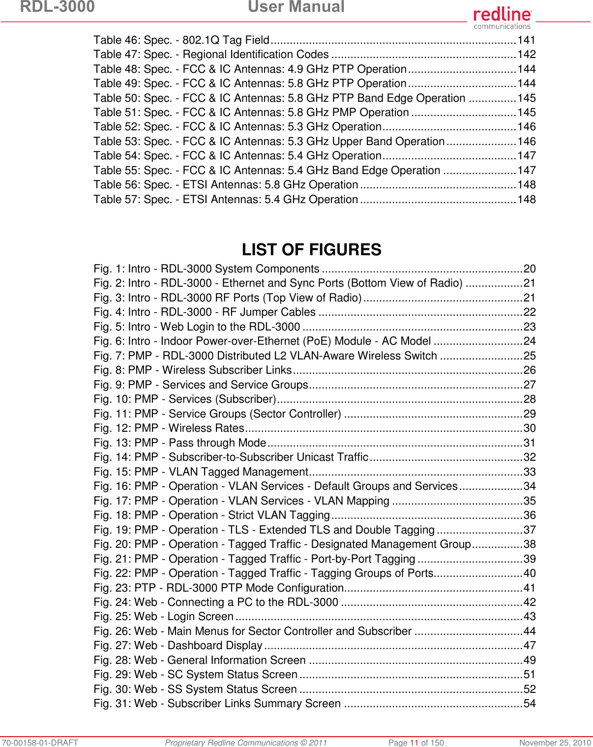 RDL-3000  User Manual 70-00158-01-DRAFT  Proprietary Redline Communications © 2011  Page 11 of 150  November 25, 2010 Table 46: Spec. - 802.1Q Tag Field ............................................................................. 141 Table 47: Spec. - Regional Identification Codes .......................................................... 142 Table 48: Spec. - FCC &amp; IC Antennas: 4.9 GHz PTP Operation .................................. 144 Table 49: Spec. - FCC &amp; IC Antennas: 5.8 GHz PTP Operation .................................. 144 Table 50: Spec. - FCC &amp; IC Antennas: 5.8 GHz PTP Band Edge Operation ............... 145 Table 51: Spec. - FCC &amp; IC Antennas: 5.8 GHz PMP Operation ................................. 145 Table 52: Spec. - FCC &amp; IC Antennas: 5.3 GHz Operation .......................................... 146 Table 53: Spec. - FCC &amp; IC Antennas: 5.3 GHz Upper Band Operation ...................... 146 Table 54: Spec. - FCC &amp; IC Antennas: 5.4 GHz Operation .......................................... 147 Table 55: Spec. - FCC &amp; IC Antennas: 5.4 GHz Band Edge Operation ....................... 147 Table 56: Spec. - ETSI Antennas: 5.8 GHz Operation ................................................. 148 Table 57: Spec. - ETSI Antennas: 5.4 GHz Operation ................................................. 148    LIST OF FIGURES Fig. 1: Intro - RDL-3000 System Components ............................................................... 20 Fig. 2: Intro - RDL-3000 - Ethernet and Sync Ports (Bottom View of Radio) .................. 21 Fig. 3: Intro - RDL-3000 RF Ports (Top View of Radio) .................................................. 21 Fig. 4: Intro - RDL-3000 - RF Jumper Cables ................................................................ 22 Fig. 5: Intro - Web Login to the RDL-3000 ..................................................................... 23 Fig. 6: Intro - Indoor Power-over-Ethernet (PoE) Module - AC Model ............................ 24 Fig. 7: PMP - RDL-3000 Distributed L2 VLAN-Aware Wireless Switch .......................... 25 Fig. 8: PMP - Wireless Subscriber Links ........................................................................ 26 Fig. 9: PMP - Services and Service Groups ................................................................... 27 Fig. 10: PMP - Services (Subscriber) ............................................................................. 28 Fig. 11: PMP - Service Groups (Sector Controller) ........................................................ 29 Fig. 12: PMP - Wireless Rates ....................................................................................... 30 Fig. 13: PMP - Pass through Mode ................................................................................ 31 Fig. 14: PMP - Subscriber-to-Subscriber Unicast Traffic ................................................ 32 Fig. 15: PMP - VLAN Tagged Management ................................................................... 33 Fig. 16: PMP - Operation - VLAN Services - Default Groups and Services .................... 34 Fig. 17: PMP - Operation - VLAN Services - VLAN Mapping ......................................... 35 Fig. 18: PMP - Operation - Strict VLAN Tagging ............................................................ 36 Fig. 19: PMP - Operation - TLS - Extended TLS and Double Tagging ........................... 37 Fig. 20: PMP - Operation - Tagged Traffic - Designated Management Group ................ 38 Fig. 21: PMP - Operation - Tagged Traffic - Port-by-Port Tagging ................................. 39 Fig. 22: PMP - Operation - Tagged Traffic - Tagging Groups of Ports............................ 40 Fig. 23: PTP - RDL-3000 PTP Mode Configuration........................................................ 41 Fig. 24: Web - Connecting a PC to the RDL-3000 ......................................................... 42 Fig. 25: Web - Login Screen .......................................................................................... 43 Fig. 26: Web - Main Menus for Sector Controller and Subscriber .................................. 44 Fig. 27: Web - Dashboard Display ................................................................................. 47 Fig. 28: Web - General Information Screen ................................................................... 49 Fig. 29: Web - SC System Status Screen ...................................................................... 51 Fig. 30: Web - SS System Status Screen ...................................................................... 52 Fig. 31: Web - Subscriber Links Summary Screen ........................................................ 54 