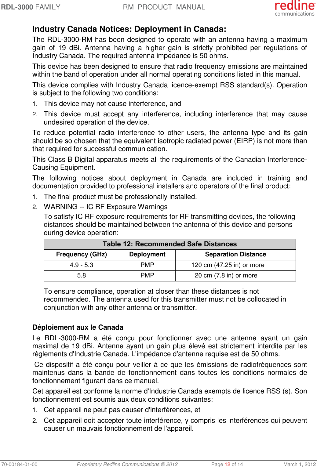 RDL-3000 FAMILY RM  PRODUCT  MANUAL 70-00184-01-00 Proprietary Redline Communications © 2012  Page 12 of 14  March 1, 2012 Industry Canada Notices: Deployment in Canada: The RDL-3000-RM has been designed to operate with an antenna having a maximum gain  of  19  dBi.  Antenna  having  a  higher  gain  is  strictly  prohibited  per  regulations  of Industry Canada. The required antenna impedance is 50 ohms. This device has been designed to ensure that radio frequency emissions are maintained within the band of operation under all normal operating conditions listed in this manual. This device complies with Industry Canada licence-exempt RSS standard(s). Operation is subject to the following two conditions: 1. This device may not cause interference, and  2. This  device  must  accept  any  interference,  including  interference  that  may  cause undesired operation of the device. To  reduce  potential  radio  interference  to  other  users,  the  antenna  type  and  its  gain should be so chosen that the equivalent isotropic radiated power (EIRP) is not more than that required for successful communication. This Class B Digital apparatus meets all the requirements of the Canadian Interference-Causing Equipment. The  following  notices  about  deployment  in  Canada  are  included  in  training  and documentation provided to professional installers and operators of the final product: 1. The final product must be professionally installed. 2. WARNING -- IC RF Exposure Warnings To satisfy IC RF exposure requirements for RF transmitting devices, the following distances should be maintained between the antenna of this device and persons during device operation: Table 12: Recommended Safe Distances Frequency (GHz) Deployment Separation Distance 4.9 - 5.3 PMP 120 cm (47.25 in) or more 5.8 PMP 20 cm (7.8 in) or more   To ensure compliance, operation at closer than these distances is not recommended. The antenna used for this transmitter must not be collocated in conjunction with any other antenna or transmitter.  Déploiement aux le Canada Le  RDL-3000-RM  a  été  conçu  pour  fonctionner  avec  une  antenne  ayant  un  gain maximal de 19 dBi. Antenne ayant un gain plus élevé est strictement interdite par les règlements d&apos;Industrie Canada. L&apos;impédance d&apos;antenne requise est de 50 ohms.  Ce dispositif a été conçu pour veiller à ce que les émissions de radiofréquences sont maintenus  dans  la  bande  de  fonctionnement  dans  toutes  les  conditions  normales  de fonctionnement figurant dans ce manuel. Cet appareil est conforme la norme d&apos;Industrie Canada exempts de licence RSS (s). Son fonctionnement est soumis aux deux conditions suivantes: 1. Cet appareil ne peut pas causer d&apos;interférences, et 2. Cet appareil doit accepter toute interférence, y compris les interférences qui peuvent causer un mauvais fonctionnement de l&apos;appareil. 