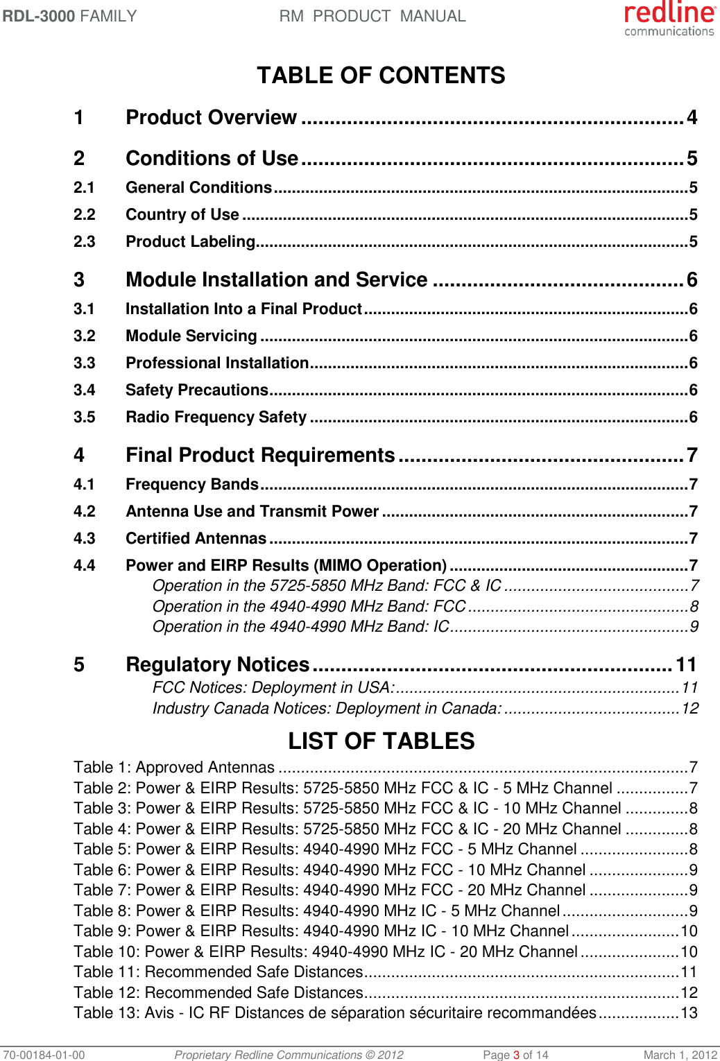 RDL-3000 FAMILY RM  PRODUCT  MANUAL 70-00184-01-00 Proprietary Redline Communications © 2012  Page 3 of 14  March 1, 2012  TABLE OF CONTENTS 1 Product Overview ................................................................... 4 2 Conditions of Use ................................................................... 5 2.1 General Conditions ............................................................................................ 5 2.2 Country of Use ................................................................................................... 5 2.3 Product Labeling ................................................................................................ 5 3 Module Installation and Service ............................................ 6 3.1 Installation Into a Final Product ........................................................................ 6 3.2 Module Servicing ............................................................................................... 6 3.3 Professional Installation .................................................................................... 6 3.4 Safety Precautions ............................................................................................. 6 3.5 Radio Frequency Safety .................................................................................... 6 4 Final Product Requirements .................................................. 7 4.1 Frequency Bands ............................................................................................... 7 4.2 Antenna Use and Transmit Power .................................................................... 7 4.3 Certified Antennas ............................................................................................. 7 4.4 Power and EIRP Results (MIMO Operation) ..................................................... 7 Operation in the 5725-5850 MHz Band: FCC &amp; IC ......................................... 7 Operation in the 4940-4990 MHz Band: FCC ................................................. 8 Operation in the 4940-4990 MHz Band: IC ..................................................... 9 5 Regulatory Notices ............................................................... 11 FCC Notices: Deployment in USA: ............................................................... 11 Industry Canada Notices: Deployment in Canada: ....................................... 12  LIST OF TABLES Table 1: Approved Antennas ........................................................................................... 7 Table 2: Power &amp; EIRP Results: 5725-5850 MHz FCC &amp; IC - 5 MHz Channel ................ 7 Table 3: Power &amp; EIRP Results: 5725-5850 MHz FCC &amp; IC - 10 MHz Channel .............. 8 Table 4: Power &amp; EIRP Results: 5725-5850 MHz FCC &amp; IC - 20 MHz Channel .............. 8 Table 5: Power &amp; EIRP Results: 4940-4990 MHz FCC - 5 MHz Channel ........................ 8 Table 6: Power &amp; EIRP Results: 4940-4990 MHz FCC - 10 MHz Channel ...................... 9 Table 7: Power &amp; EIRP Results: 4940-4990 MHz FCC - 20 MHz Channel ...................... 9 Table 8: Power &amp; EIRP Results: 4940-4990 MHz IC - 5 MHz Channel ............................ 9 Table 9: Power &amp; EIRP Results: 4940-4990 MHz IC - 10 MHz Channel ........................ 10 Table 10: Power &amp; EIRP Results: 4940-4990 MHz IC - 20 MHz Channel ...................... 10 Table 11: Recommended Safe Distances ...................................................................... 11 Table 12: Recommended Safe Distances ...................................................................... 12 Table 13: Avis - IC RF Distances de séparation sécuritaire recommandées .................. 13 