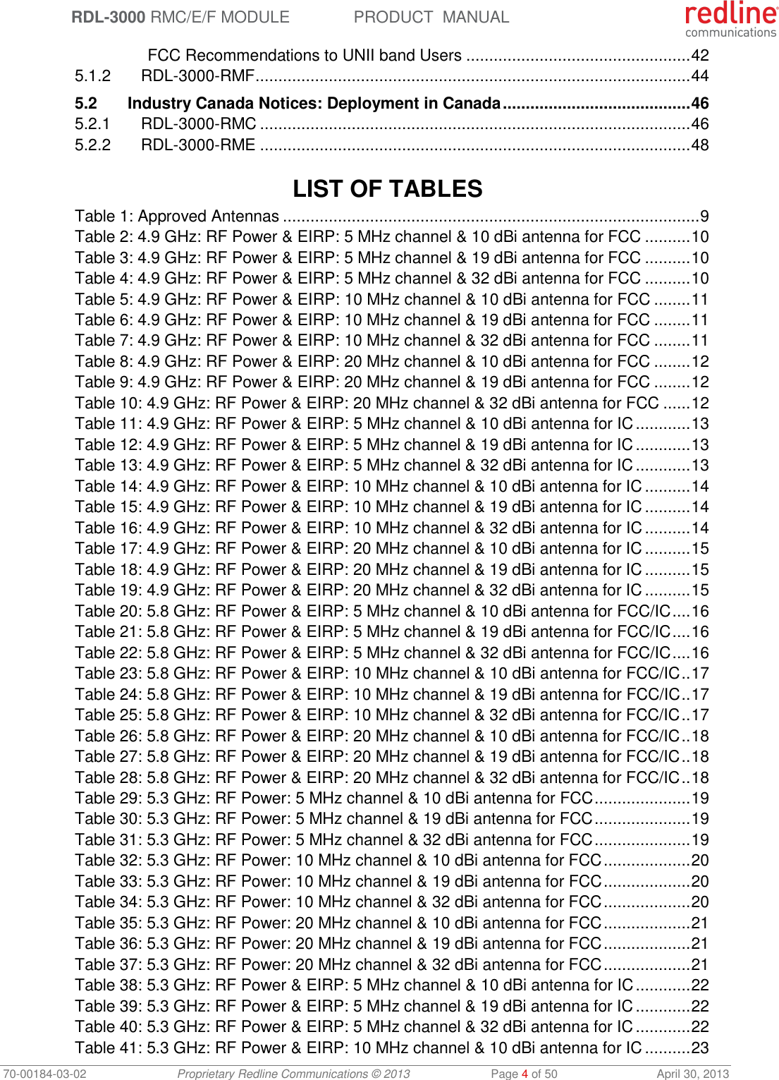  RDL-3000 RMC/E/F MODULE PRODUCT  MANUAL 70-00184-03-02 Proprietary Redline Communications © 2013  Page 4 of 50  April 30, 2013 FCC Recommendations to UNII band Users ................................................. 42 5.1.2 RDL-3000-RMF ............................................................................................... 44 5.2 Industry Canada Notices: Deployment in Canada ......................................... 46 5.2.1 RDL-3000-RMC .............................................................................................. 46 5.2.2 RDL-3000-RME .............................................................................................. 48   LIST OF TABLES Table 1: Approved Antennas ........................................................................................... 9 Table 2: 4.9 GHz: RF Power &amp; EIRP: 5 MHz channel &amp; 10 dBi antenna for FCC .......... 10 Table 3: 4.9 GHz: RF Power &amp; EIRP: 5 MHz channel &amp; 19 dBi antenna for FCC .......... 10 Table 4: 4.9 GHz: RF Power &amp; EIRP: 5 MHz channel &amp; 32 dBi antenna for FCC .......... 10 Table 5: 4.9 GHz: RF Power &amp; EIRP: 10 MHz channel &amp; 10 dBi antenna for FCC ........ 11 Table 6: 4.9 GHz: RF Power &amp; EIRP: 10 MHz channel &amp; 19 dBi antenna for FCC ........ 11 Table 7: 4.9 GHz: RF Power &amp; EIRP: 10 MHz channel &amp; 32 dBi antenna for FCC ........ 11 Table 8: 4.9 GHz: RF Power &amp; EIRP: 20 MHz channel &amp; 10 dBi antenna for FCC ........ 12 Table 9: 4.9 GHz: RF Power &amp; EIRP: 20 MHz channel &amp; 19 dBi antenna for FCC ........ 12 Table 10: 4.9 GHz: RF Power &amp; EIRP: 20 MHz channel &amp; 32 dBi antenna for FCC ...... 12 Table 11: 4.9 GHz: RF Power &amp; EIRP: 5 MHz channel &amp; 10 dBi antenna for IC ............ 13 Table 12: 4.9 GHz: RF Power &amp; EIRP: 5 MHz channel &amp; 19 dBi antenna for IC ............ 13 Table 13: 4.9 GHz: RF Power &amp; EIRP: 5 MHz channel &amp; 32 dBi antenna for IC ............ 13 Table 14: 4.9 GHz: RF Power &amp; EIRP: 10 MHz channel &amp; 10 dBi antenna for IC .......... 14 Table 15: 4.9 GHz: RF Power &amp; EIRP: 10 MHz channel &amp; 19 dBi antenna for IC .......... 14 Table 16: 4.9 GHz: RF Power &amp; EIRP: 10 MHz channel &amp; 32 dBi antenna for IC .......... 14 Table 17: 4.9 GHz: RF Power &amp; EIRP: 20 MHz channel &amp; 10 dBi antenna for IC .......... 15 Table 18: 4.9 GHz: RF Power &amp; EIRP: 20 MHz channel &amp; 19 dBi antenna for IC .......... 15 Table 19: 4.9 GHz: RF Power &amp; EIRP: 20 MHz channel &amp; 32 dBi antenna for IC .......... 15 Table 20: 5.8 GHz: RF Power &amp; EIRP: 5 MHz channel &amp; 10 dBi antenna for FCC/IC .... 16 Table 21: 5.8 GHz: RF Power &amp; EIRP: 5 MHz channel &amp; 19 dBi antenna for FCC/IC .... 16 Table 22: 5.8 GHz: RF Power &amp; EIRP: 5 MHz channel &amp; 32 dBi antenna for FCC/IC .... 16 Table 23: 5.8 GHz: RF Power &amp; EIRP: 10 MHz channel &amp; 10 dBi antenna for FCC/IC .. 17 Table 24: 5.8 GHz: RF Power &amp; EIRP: 10 MHz channel &amp; 19 dBi antenna for FCC/IC .. 17 Table 25: 5.8 GHz: RF Power &amp; EIRP: 10 MHz channel &amp; 32 dBi antenna for FCC/IC .. 17 Table 26: 5.8 GHz: RF Power &amp; EIRP: 20 MHz channel &amp; 10 dBi antenna for FCC/IC .. 18 Table 27: 5.8 GHz: RF Power &amp; EIRP: 20 MHz channel &amp; 19 dBi antenna for FCC/IC .. 18 Table 28: 5.8 GHz: RF Power &amp; EIRP: 20 MHz channel &amp; 32 dBi antenna for FCC/IC .. 18 Table 29: 5.3 GHz: RF Power: 5 MHz channel &amp; 10 dBi antenna for FCC ..................... 19 Table 30: 5.3 GHz: RF Power: 5 MHz channel &amp; 19 dBi antenna for FCC ..................... 19 Table 31: 5.3 GHz: RF Power: 5 MHz channel &amp; 32 dBi antenna for FCC ..................... 19 Table 32: 5.3 GHz: RF Power: 10 MHz channel &amp; 10 dBi antenna for FCC ................... 20 Table 33: 5.3 GHz: RF Power: 10 MHz channel &amp; 19 dBi antenna for FCC ................... 20 Table 34: 5.3 GHz: RF Power: 10 MHz channel &amp; 32 dBi antenna for FCC ................... 20 Table 35: 5.3 GHz: RF Power: 20 MHz channel &amp; 10 dBi antenna for FCC ................... 21 Table 36: 5.3 GHz: RF Power: 20 MHz channel &amp; 19 dBi antenna for FCC ................... 21 Table 37: 5.3 GHz: RF Power: 20 MHz channel &amp; 32 dBi antenna for FCC ................... 21 Table 38: 5.3 GHz: RF Power &amp; EIRP: 5 MHz channel &amp; 10 dBi antenna for IC ............ 22 Table 39: 5.3 GHz: RF Power &amp; EIRP: 5 MHz channel &amp; 19 dBi antenna for IC ............ 22 Table 40: 5.3 GHz: RF Power &amp; EIRP: 5 MHz channel &amp; 32 dBi antenna for IC ............ 22 Table 41: 5.3 GHz: RF Power &amp; EIRP: 10 MHz channel &amp; 10 dBi antenna for IC .......... 23 