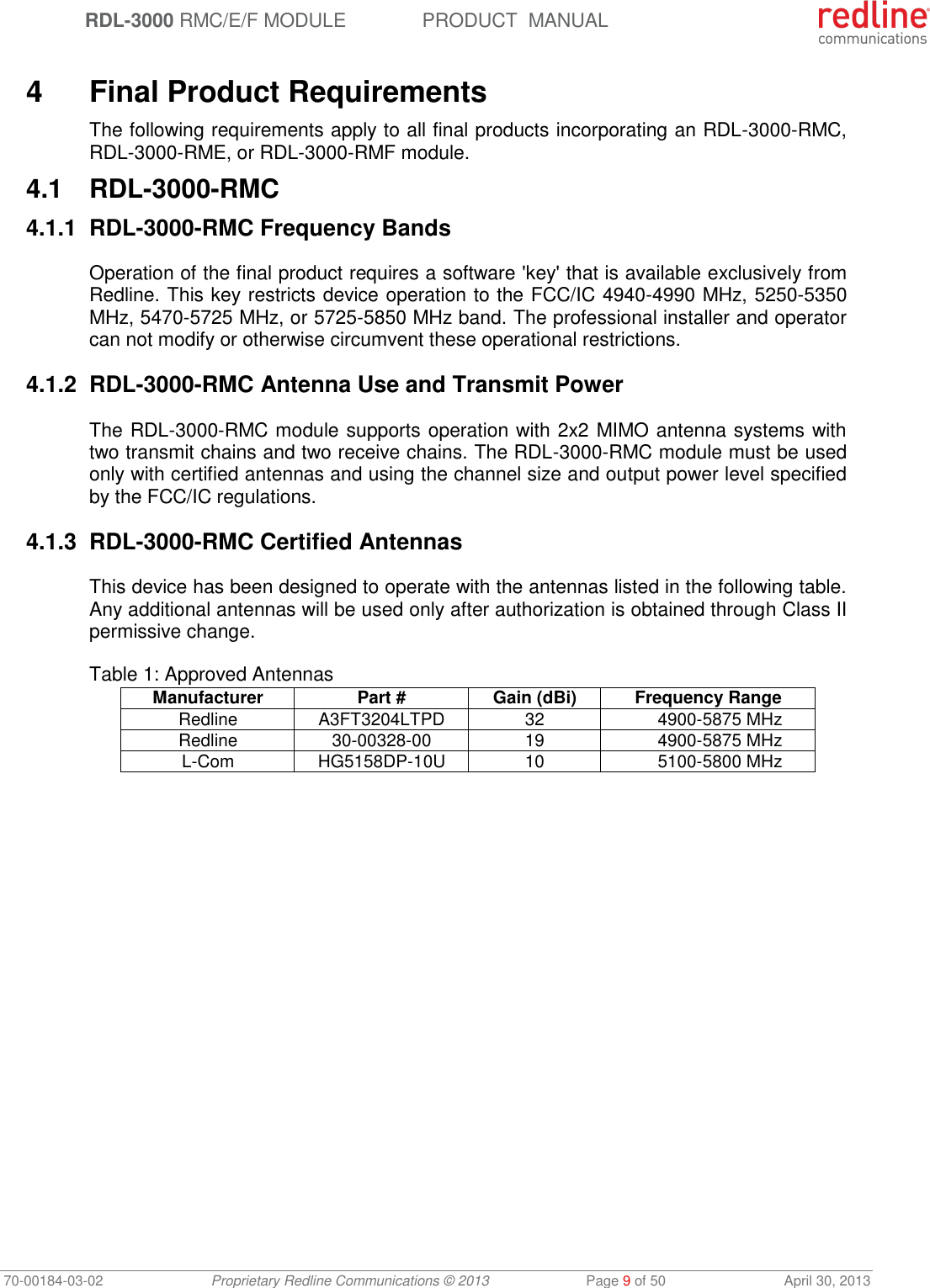  RDL-3000 RMC/E/F MODULE PRODUCT  MANUAL 70-00184-03-02 Proprietary Redline Communications © 2013  Page 9 of 50  April 30, 2013  4  Final Product Requirements The following requirements apply to all final products incorporating an RDL-3000-RMC, RDL-3000-RME, or RDL-3000-RMF module. 4.1  RDL-3000-RMC 4.1.1 RDL-3000-RMC Frequency Bands Operation of the final product requires a software &apos;key&apos; that is available exclusively from Redline. This key restricts device operation to the FCC/IC 4940-4990 MHz, 5250-5350 MHz, 5470-5725 MHz, or 5725-5850 MHz band. The professional installer and operator can not modify or otherwise circumvent these operational restrictions. 4.1.2 RDL-3000-RMC Antenna Use and Transmit Power The RDL-3000-RMC module supports operation with 2x2 MIMO antenna systems with two transmit chains and two receive chains. The RDL-3000-RMC module must be used only with certified antennas and using the channel size and output power level specified by the FCC/IC regulations. 4.1.3 RDL-3000-RMC Certified Antennas This device has been designed to operate with the antennas listed in the following table. Any additional antennas will be used only after authorization is obtained through Class II permissive change. Table 1: Approved Antennas Manufacturer Part # Gain (dBi) Frequency Range Redline A3FT3204LTPD 32 4900-5875 MHz Redline 30-00328-00 19 4900-5875 MHz L-Com HG5158DP-10U 10 5100-5800 MHz  