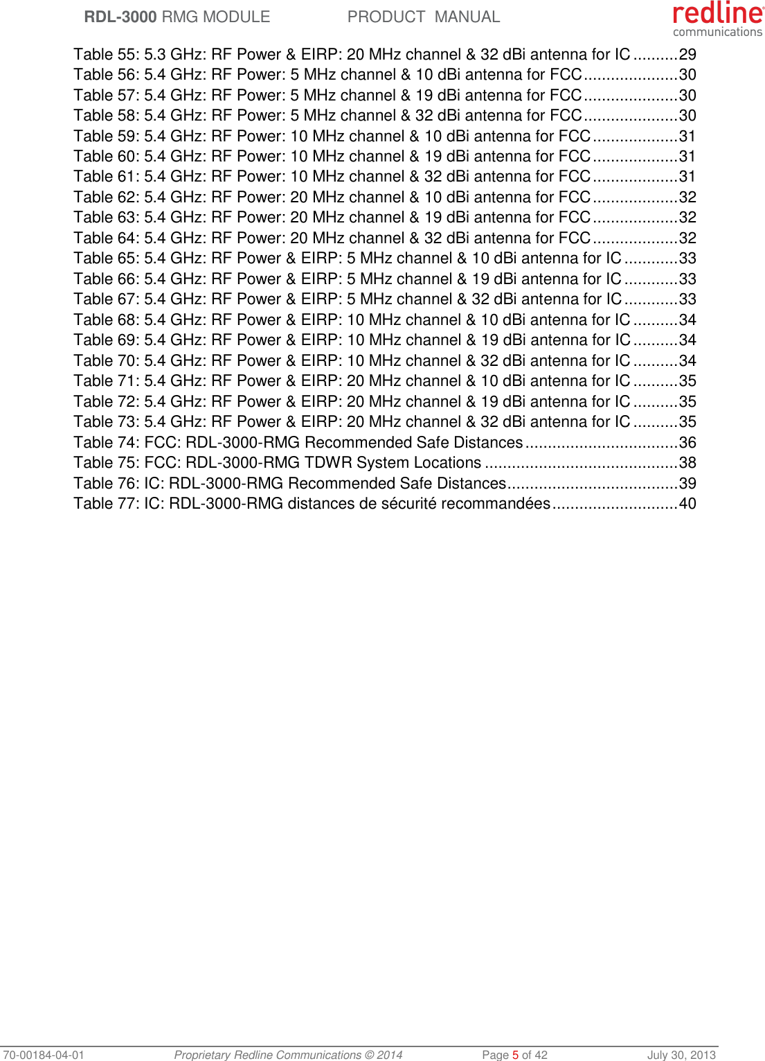  RDL-3000 RMG MODULE PRODUCT  MANUAL 70-00184-04-01 Proprietary Redline Communications © 2014  Page 5 of 42  July 30, 2013 Table 55: 5.3 GHz: RF Power &amp; EIRP: 20 MHz channel &amp; 32 dBi antenna for IC .......... 29 Table 56: 5.4 GHz: RF Power: 5 MHz channel &amp; 10 dBi antenna for FCC ..................... 30 Table 57: 5.4 GHz: RF Power: 5 MHz channel &amp; 19 dBi antenna for FCC ..................... 30 Table 58: 5.4 GHz: RF Power: 5 MHz channel &amp; 32 dBi antenna for FCC ..................... 30 Table 59: 5.4 GHz: RF Power: 10 MHz channel &amp; 10 dBi antenna for FCC ................... 31 Table 60: 5.4 GHz: RF Power: 10 MHz channel &amp; 19 dBi antenna for FCC ................... 31 Table 61: 5.4 GHz: RF Power: 10 MHz channel &amp; 32 dBi antenna for FCC ................... 31 Table 62: 5.4 GHz: RF Power: 20 MHz channel &amp; 10 dBi antenna for FCC ................... 32 Table 63: 5.4 GHz: RF Power: 20 MHz channel &amp; 19 dBi antenna for FCC ................... 32 Table 64: 5.4 GHz: RF Power: 20 MHz channel &amp; 32 dBi antenna for FCC ................... 32 Table 65: 5.4 GHz: RF Power &amp; EIRP: 5 MHz channel &amp; 10 dBi antenna for IC ............ 33 Table 66: 5.4 GHz: RF Power &amp; EIRP: 5 MHz channel &amp; 19 dBi antenna for IC ............ 33 Table 67: 5.4 GHz: RF Power &amp; EIRP: 5 MHz channel &amp; 32 dBi antenna for IC ............ 33 Table 68: 5.4 GHz: RF Power &amp; EIRP: 10 MHz channel &amp; 10 dBi antenna for IC .......... 34 Table 69: 5.4 GHz: RF Power &amp; EIRP: 10 MHz channel &amp; 19 dBi antenna for IC .......... 34 Table 70: 5.4 GHz: RF Power &amp; EIRP: 10 MHz channel &amp; 32 dBi antenna for IC .......... 34 Table 71: 5.4 GHz: RF Power &amp; EIRP: 20 MHz channel &amp; 10 dBi antenna for IC .......... 35 Table 72: 5.4 GHz: RF Power &amp; EIRP: 20 MHz channel &amp; 19 dBi antenna for IC .......... 35 Table 73: 5.4 GHz: RF Power &amp; EIRP: 20 MHz channel &amp; 32 dBi antenna for IC .......... 35 Table 74: FCC: RDL-3000-RMG Recommended Safe Distances .................................. 36 Table 75: FCC: RDL-3000-RMG TDWR System Locations ........................................... 38 Table 76: IC: RDL-3000-RMG Recommended Safe Distances ...................................... 39 Table 77: IC: RDL-3000-RMG distances de sécurité recommandées ............................ 40 