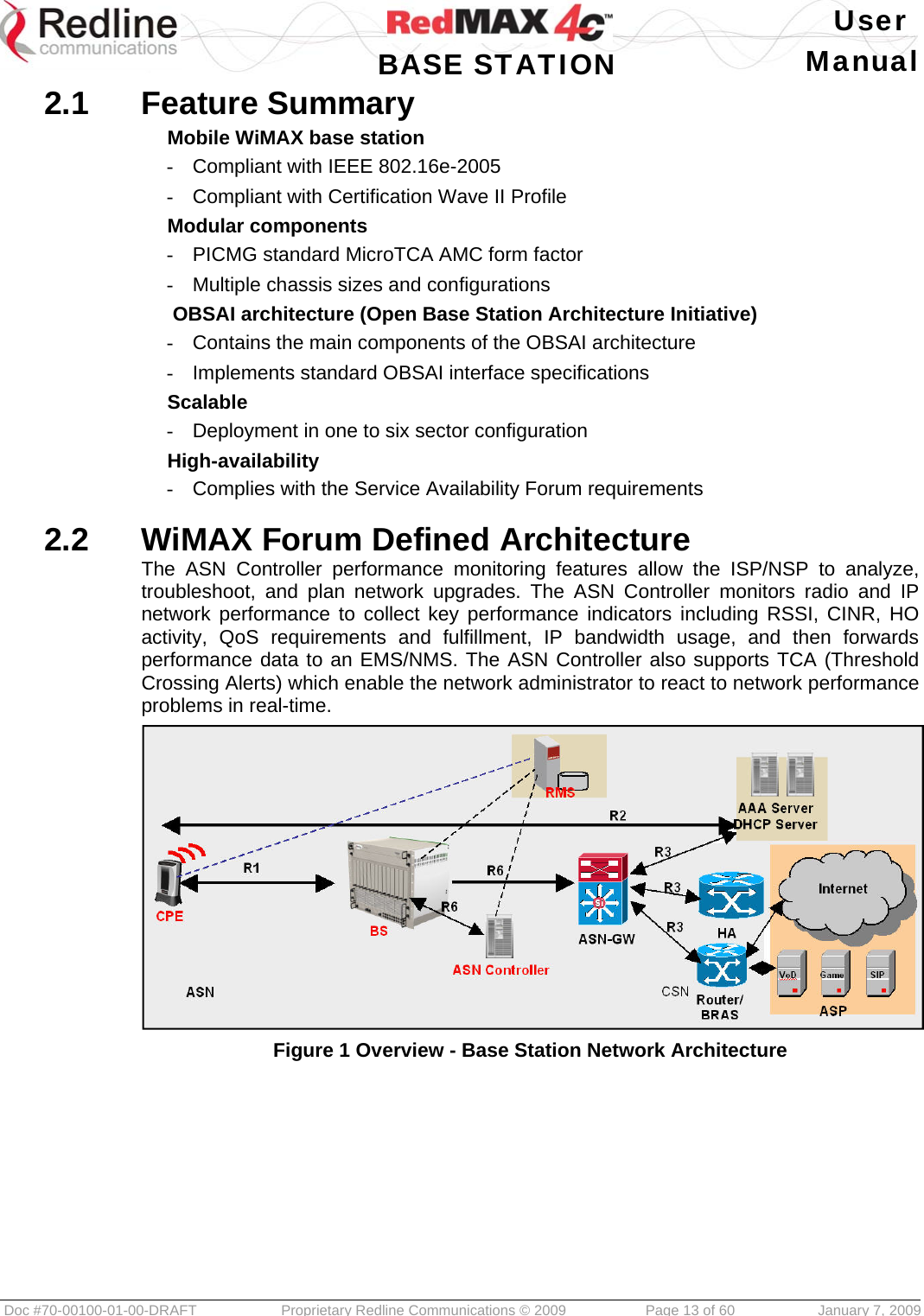   User  BASE STATION Manual  Doc #70-00100-01-00-DRAFT  Proprietary Redline Communications © 2009   Page 13 of 60  January 7, 2009 2.1  Feature Summary Mobile WiMAX base station -  Compliant with IEEE 802.16e-2005 -  Compliant with Certification Wave II Profile  Modular components -  PICMG standard MicroTCA AMC form factor -  Multiple chassis sizes and configurations  OBSAI architecture (Open Base Station Architecture Initiative) -  Contains the main components of the OBSAI architecture -  Implements standard OBSAI interface specifications Scalable -  Deployment in one to six sector configuration High-availability -  Complies with the Service Availability Forum requirements  2.2  WiMAX Forum Defined Architecture The ASN Controller performance monitoring features allow the ISP/NSP to analyze, troubleshoot, and plan network upgrades. The ASN Controller monitors radio and IP network performance to collect key performance indicators including RSSI, CINR, HO activity, QoS requirements and fulfillment, IP bandwidth usage, and then forwards performance data to an EMS/NMS. The ASN Controller also supports TCA (Threshold Crossing Alerts) which enable the network administrator to react to network performance problems in real-time.  Figure 1 Overview - Base Station Network Architecture    