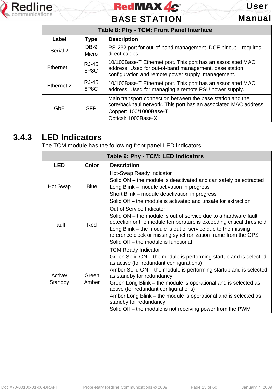   User  BASE STATION Manual  Doc #70-00100-01-00-DRAFT  Proprietary Redline Communications © 2009   Page 23 of 60  January 7, 2009 Table 8: Phy - TCM: Front Panel Interface Label Type Description Serial 2  DB-9 Micro RS-232 port for out-of-band management. DCE pinout – requires direct cables. Ethernet 1 RJ-45 8P8C 10/100Base-T Ethernet port. This port has an associated MAC address. Used for out-of-band management, base station  configuration and remote power supply  management. Ethernet 2 RJ-45 8P8C 10/100Base-T Ethernet port. This port has an associated MAC address. Used for managing a remote PSU power supply. GbE SFP Main transport connection between the base station and the core/backhaul network. This port has an associated MAC address. Copper: 100/1000Base-T Optical: 1000Base-X   3.4.3  LED Indicators The TCM module has the following front panel LED indicators: Table 9: Phy - TCM: LED Indicators LED Color Description Hot Swap Blue Hot-Swap Ready Indicator Solid ON – the module is deactivated and can safely be extracted Long Blink – module activation in progress  Short Blink – module deactivation in progress  Solid Off – the module is activated and unsafe for extraction Fault Red Out of Service Indicator Solid ON – the module is out of service due to a hardware fault detection or the module temperature is exceeding critical threshold Long Blink – the module is out of service due to the missing reference clock or missing synchronization frame from the GPS Solid Off – the module is functional Active/ Standby Green Amber TCM Ready Indicator Green Solid ON – the module is performing startup and is selected as active (for redundant configurations) Amber Solid ON – the module is performing startup and is selected as standby for redundancy Green Long Blink – the module is operational and is selected as active (for redundant configurations)  Amber Long Blink – the module is operational and is selected as standby for redundancy  Solid Off – the module is not receiving power from the PWM     