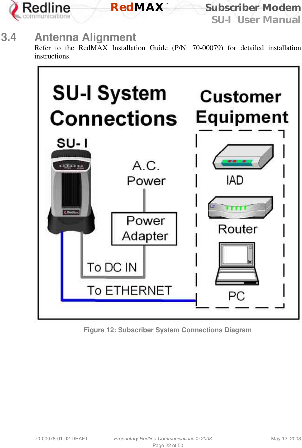    RedMAX™ Subscriber Modem SU-I  User Manual  70-00078-01-02-DRAFT  Proprietary Redline Communications © 2008  May 12, 2008 Page 22 of 50  3.4 Antenna Alignment Refer to the RedMAX Installation Guide (P/N: 70-00079) for detailed installation instructions.  Figure 12: Subscriber System Connections Diagram 