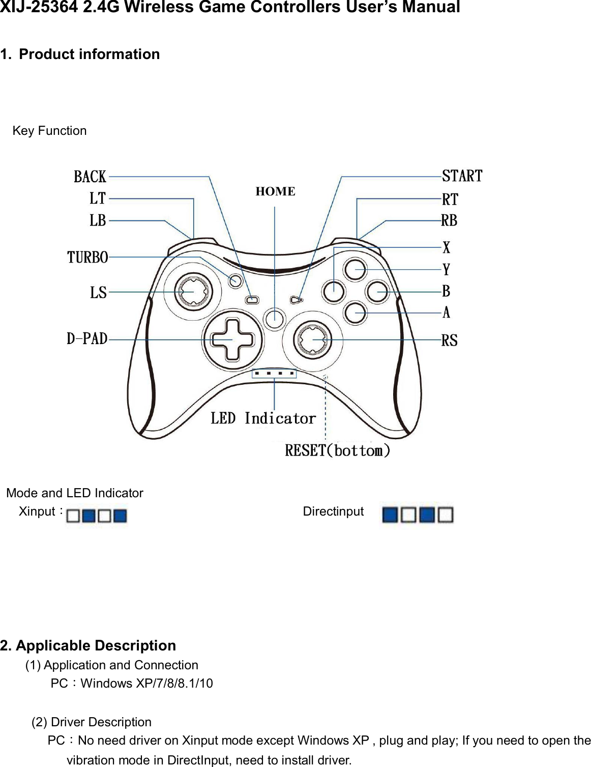 XIJ-25364 2.4G Wireless Game Controllers User’s Manual        1.  Product information    Key Function               Mode and LED Indicator       Xinput：                                             Directinput                 2. Applicable Description (1) Application and Connection     PC：Windows XP/7/8/8.1/10            (2) Driver Description PC：No need driver on Xinput mode except Windows XP , plug and play; If you need to open the   vibration mode in DirectInput, need to install driver.     HOME 