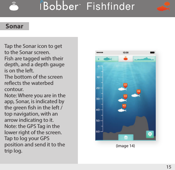 15(image 14)Tap the Sonar icon to get to the Sonar screen. Fish are tagged with their depth, and a depth gauge is on the left. The bottom of the screen reects the waterbed contour. Note: Where you are in the app, Sonar, is indicated by the green sh in the left / top navigation, with an arrow indicating to it. Note: the GPS Tag in the lower right of the screen. Tap to log your GPS position and send it to the trip log.SonarFishfinder