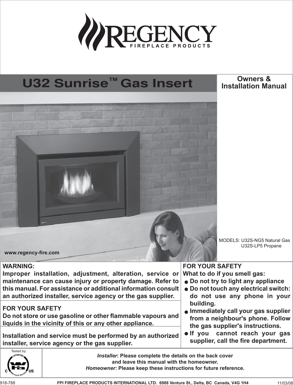 Regency Sunrise U32s Lp5 Users Manual 918 788 11 03 08