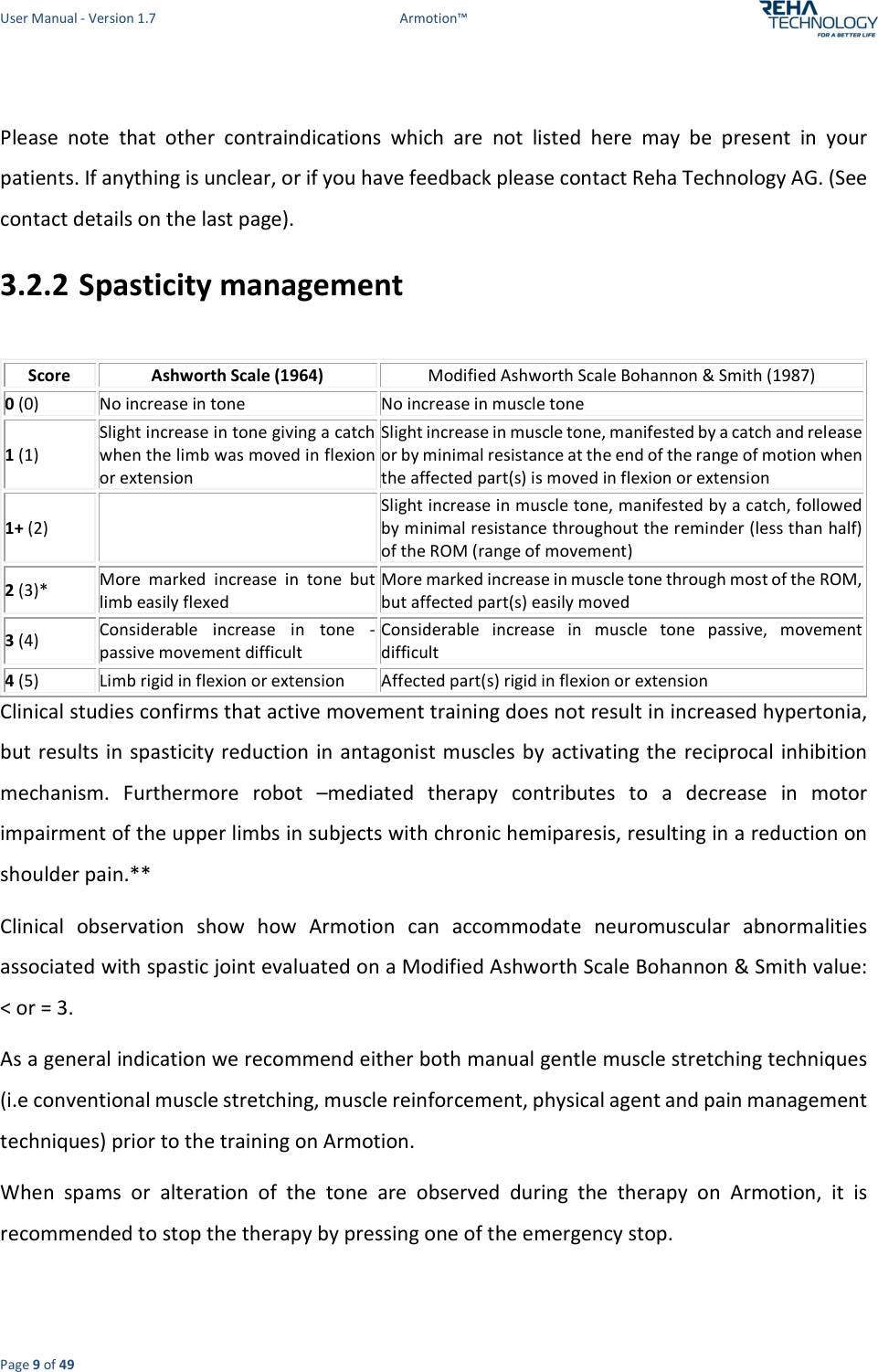 User Manual - Version 1.7  Armotion™  Page 9 of 49  Please  note  that  other  contraindications  which  are  not  listed  here  may  be  present  in  your patients. If anything is unclear, or if you have feedback please contact Reha Technology AG. (See contact details on the last page). 3.2.2 Spasticity management  Clinical studies confirms that active movement training does not result in increased hypertonia, but results in spasticity reduction in antagonist muscles by activating the reciprocal inhibition mechanism.  Furthermore  robot  –mediated  therapy  contributes  to  a  decrease  in  motor impairment of the upper limbs in subjects with chronic hemiparesis, resulting in a reduction on shoulder pain.** Clinical  observation  show  how  Armotion  can  accommodate  neuromuscular  abnormalities associated with spastic joint evaluated on a Modified Ashworth Scale Bohannon &amp; Smith value:  &lt; or = 3.  As a general indication we recommend either both manual gentle muscle stretching techniques (i.e conventional muscle stretching, muscle reinforcement, physical agent and pain management techniques) prior to the training on Armotion. When  spams  or  alteration  of  the  tone  are  observed  during  the  therapy  on  Armotion,  it  is recommended to stop the therapy by pressing one of the emergency stop. Score Ashworth Scale (1964) Modified Ashworth Scale Bohannon &amp; Smith (1987) 0 (0) No increase in tone No increase in muscle tone 1 (1) Slight increase in tone giving a catch when the limb was moved in flexion or extension Slight increase in muscle tone, manifested by a catch and release or by minimal resistance at the end of the range of motion when the affected part(s) is moved in flexion or extension 1+ (2)  Slight increase in muscle tone, manifested by a catch, followed by minimal resistance throughout the reminder (less than half) of the ROM (range of movement) 2 (3)* More  marked  increase  in  tone  but limb easily flexed More marked increase in muscle tone through most of the ROM, but affected part(s) easily moved 3 (4) Considerable  increase  in  tone  - passive movement difficult Considerable  increase  in  muscle  tone  passive,  movement difficult 4 (5) Limb rigid in flexion or extension Affected part(s) rigid in flexion or extension 