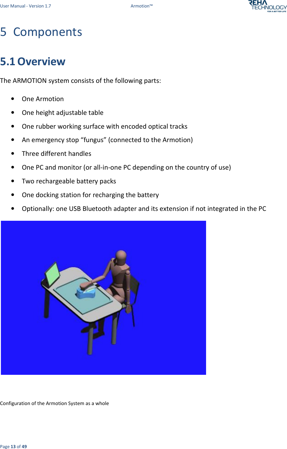 User Manual - Version 1.7  Armotion™  Page 13 of 49 5 Components 5.1 Overview The ARMOTION system consists of the following parts:  • One Armotion  • One height adjustable table  • One rubber working surface with encoded optical tracks • An emergency stop “fungus” (connected to the Armotion) • Three different handles • One PC and monitor (or all-in-one PC depending on the country of use) • Two rechargeable battery packs • One docking station for recharging the battery • Optionally: one USB Bluetooth adapter and its extension if not integrated in the PC   Configuration of the Armotion System as a whole 