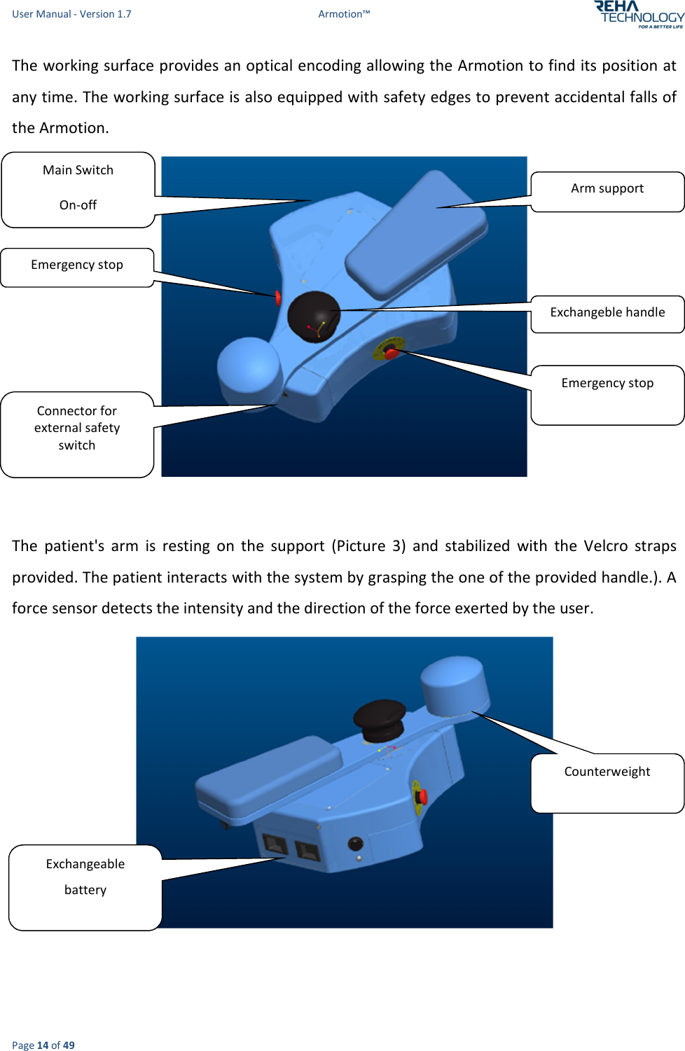 User Manual - Version 1.7  Armotion™  Page 14 of 49 The working surface provides an optical encoding allowing the Armotion to find its position at any time. The working surface is also equipped with safety edges to prevent accidental falls of the Armotion.   The  patient&apos;s  arm  is  resting  on  the  support  (Picture  3)  and  stabilized  with  the  Velcro  straps provided. The patient interacts with the system by grasping the one of the provided handle.). A force sensor detects the intensity and the direction of the force exerted by the user.   Arm support Emergency stop   Connector for external safety switch Main Switch On-off Exchangeble handle Emergency stop  Exchangeable battery Counterweight  