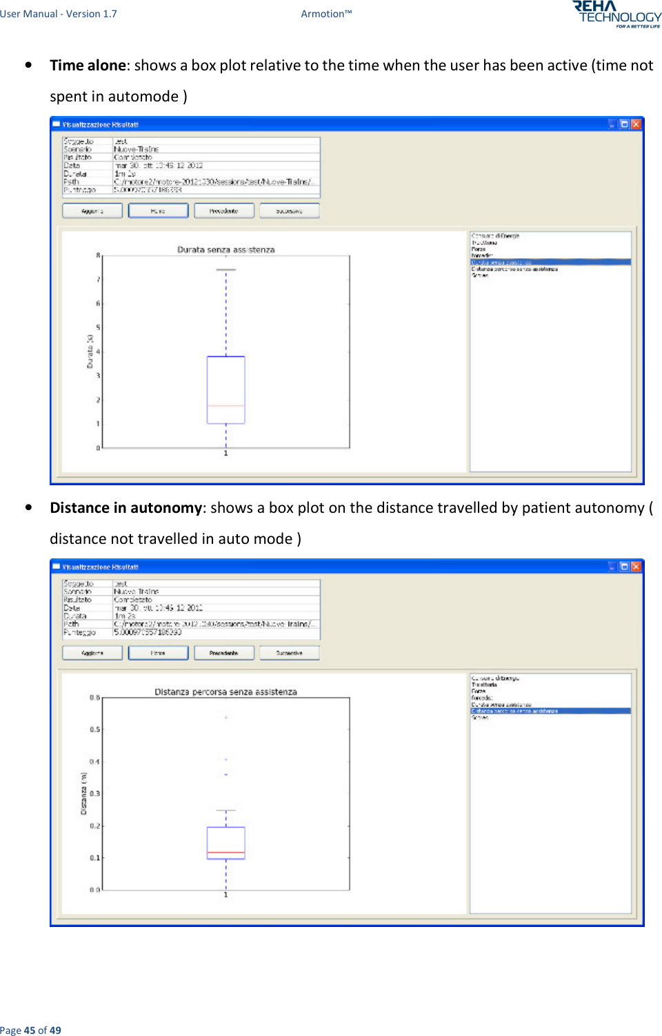 User Manual - Version 1.7  Armotion™  Page 45 of 49 • Time alone: shows a box plot relative to the time when the user has been active (time not spent in automode )   • Distance in autonomy: shows a box plot on the distance travelled by patient autonomy ( distance not travelled in auto mode )    