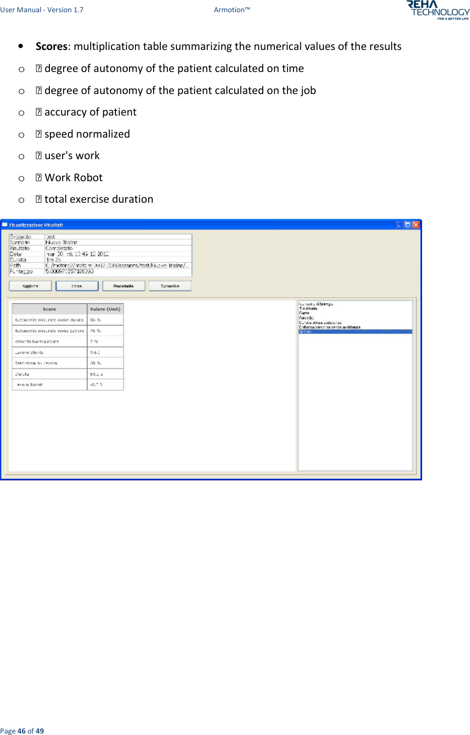 User Manual - Version 1.7  Armotion™  Page 46 of 49 • Scores: multiplication table summarizing the numerical values of the results  o  degree of autonomy of the patient calculated on time o  degree of autonomy of the patient calculated on the job o  accuracy of patient o  speed normalized o  user&apos;s work o  Work Robot o  total exercise duration      