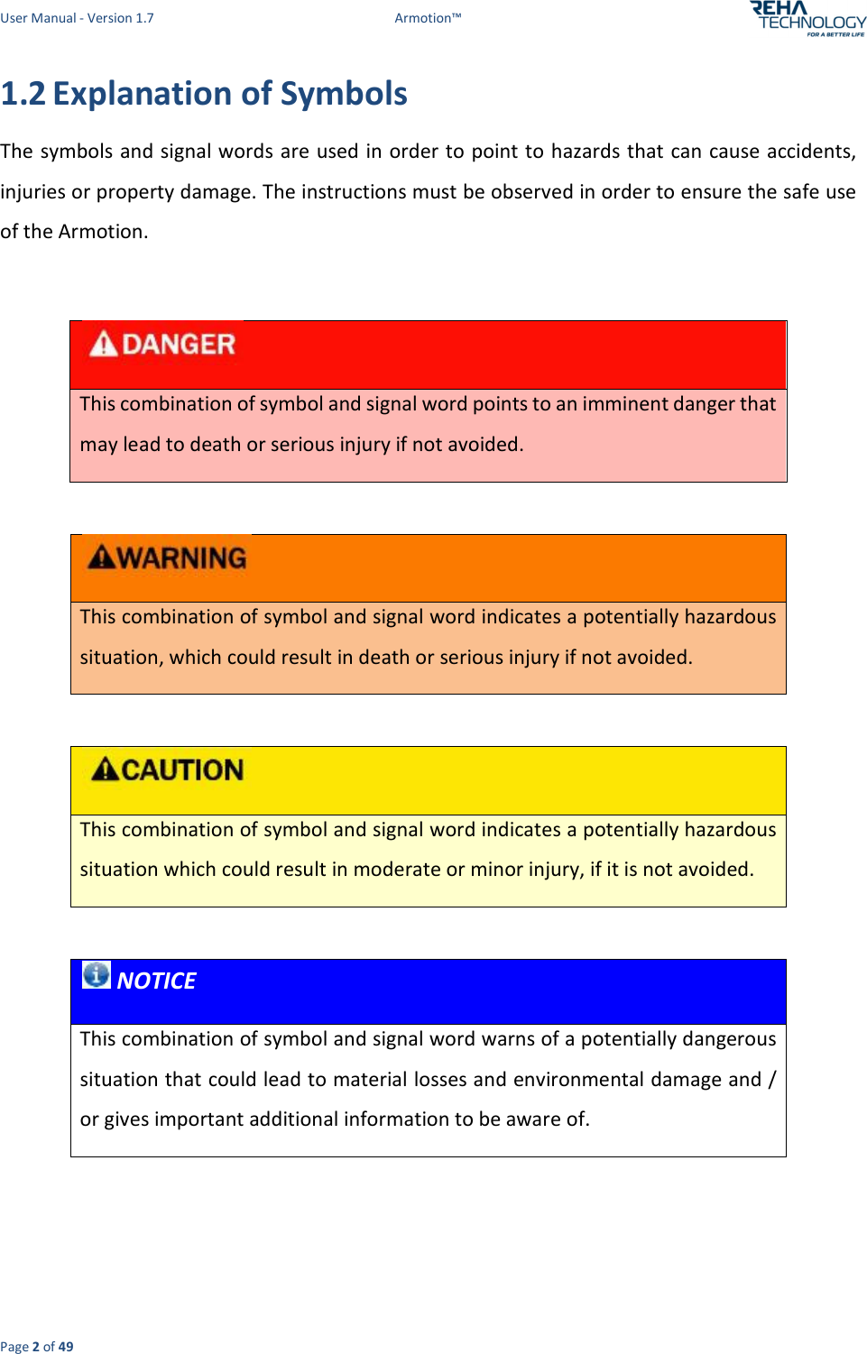 User Manual - Version 1.7  Armotion™  Page 2 of 49 1.2 Explanation of Symbols The symbols and signal words are used in order to point to hazards that can cause accidents, injuries or property damage. The instructions must be observed in order to ensure the safe use of the Armotion.     This combination of symbol and signal word points to an imminent danger that may lead to death or serious injury if not avoided.   This combination of symbol and signal word indicates a potentially hazardous situation, which could result in death or serious injury if not avoided.   This combination of symbol and signal word indicates a potentially hazardous situation which could result in moderate or minor injury, if it is not avoided.   NOTICE This combination of symbol and signal word warns of a potentially dangerous situation that could lead to material losses and environmental damage and / or gives important additional information to be aware of.   